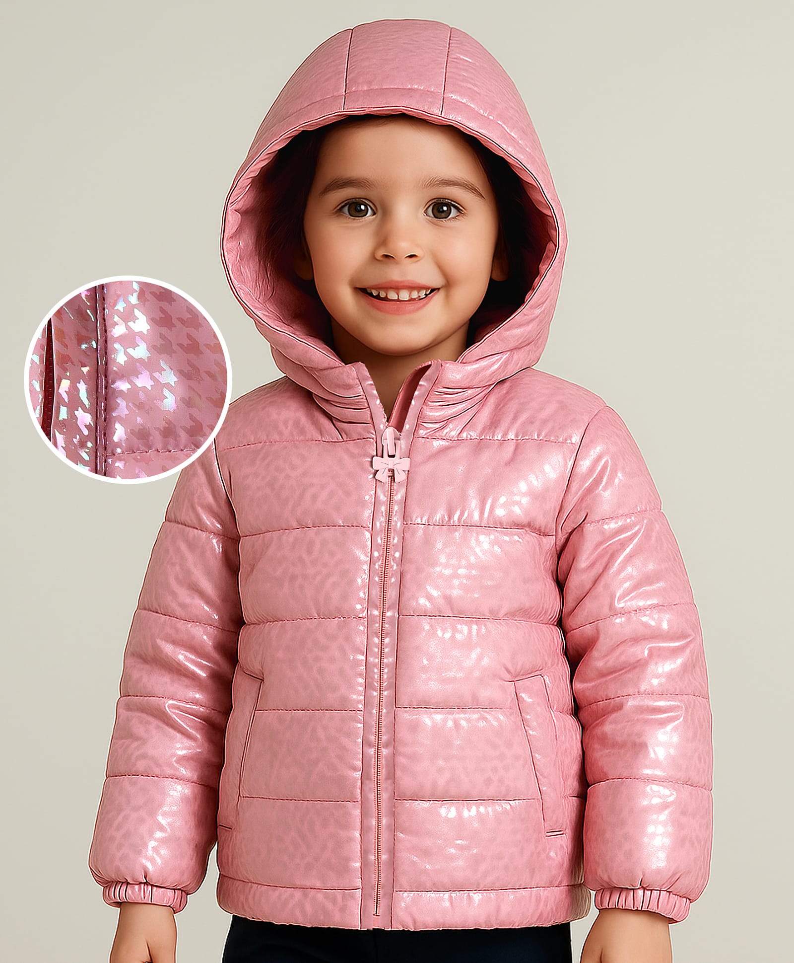 Babyhug Woven Full Sleeves Holographic Printed Padded Hooded Winter Jacket  - Pink-image-21