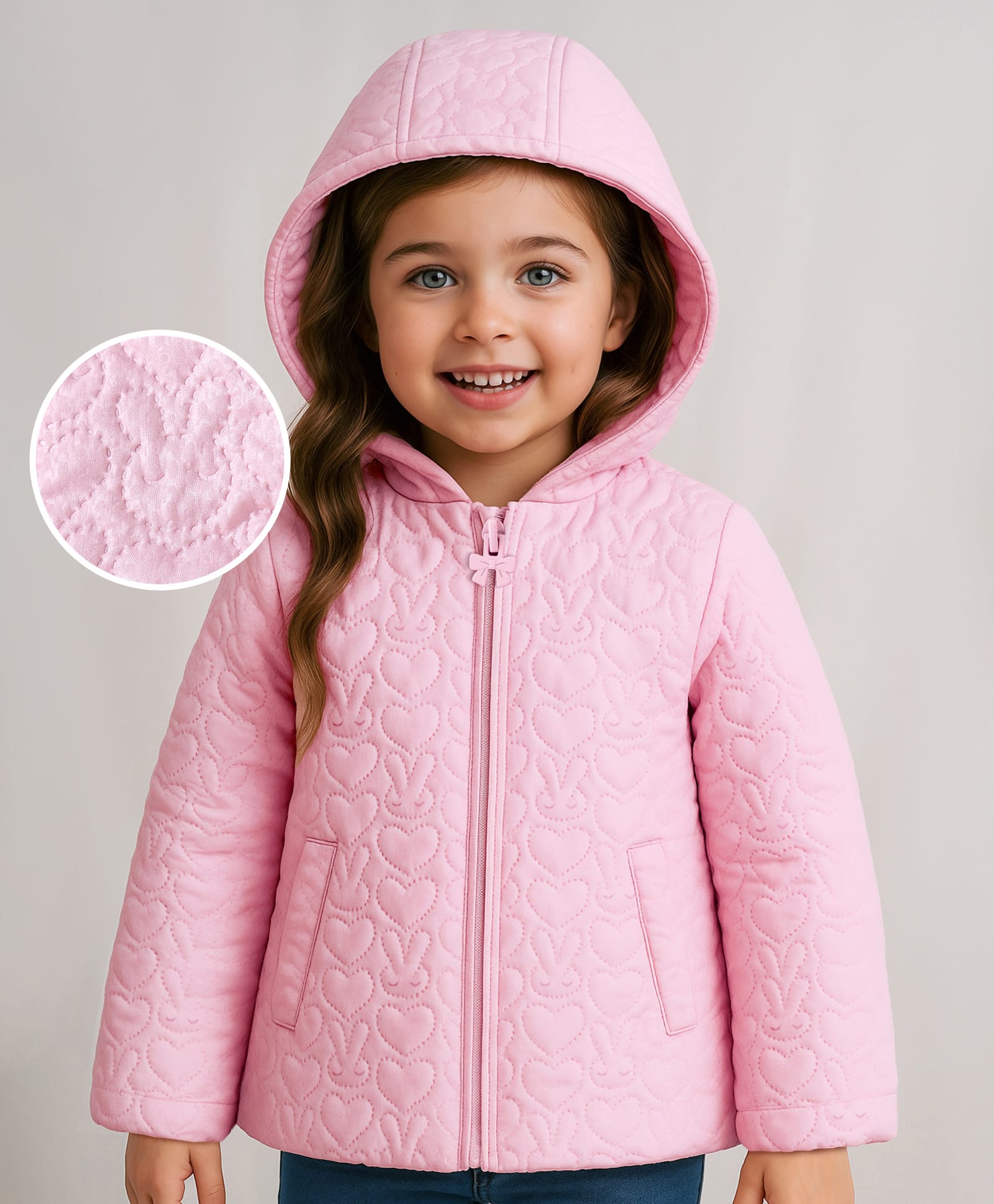 Babyhug Woven Full Sleeves Padded Hooded Jacket With Bunny Detailing - Pink