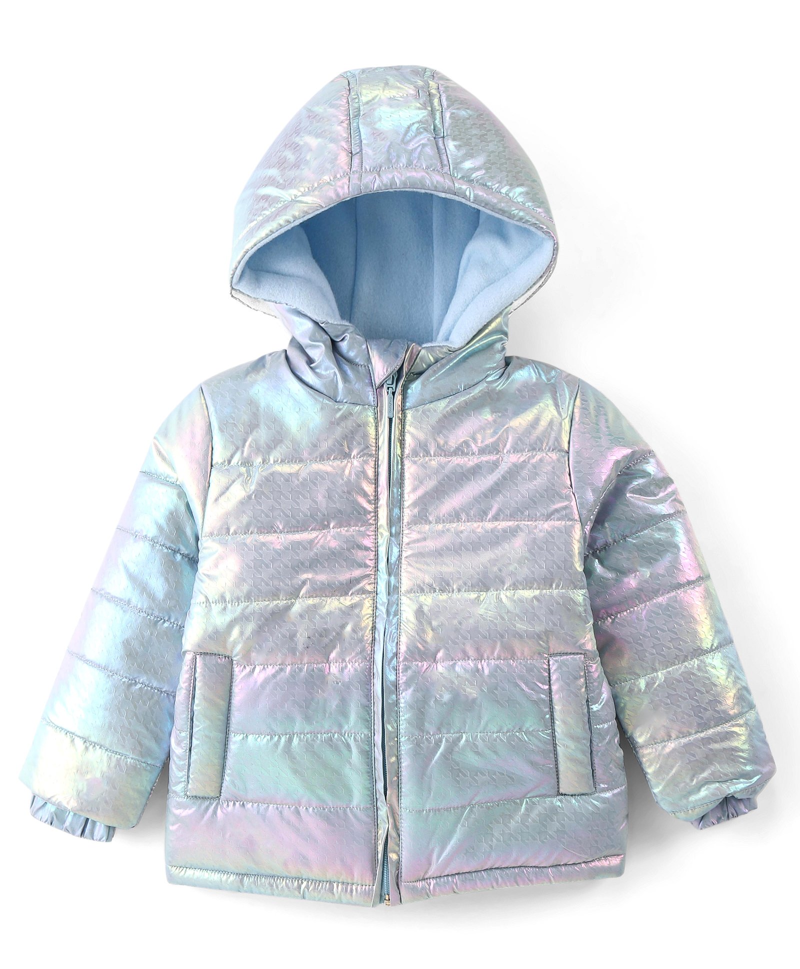 Babyhug Full Sleeves Front Open Padded Hooded Jacket with Holographic Design - Blue-image-23