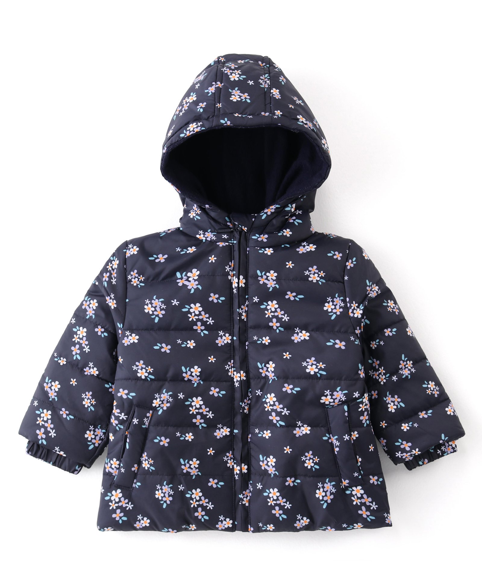 Babyhug Full Sleeves Front Open Padded Hooded Jacket with Floral Print - Blue-image-20