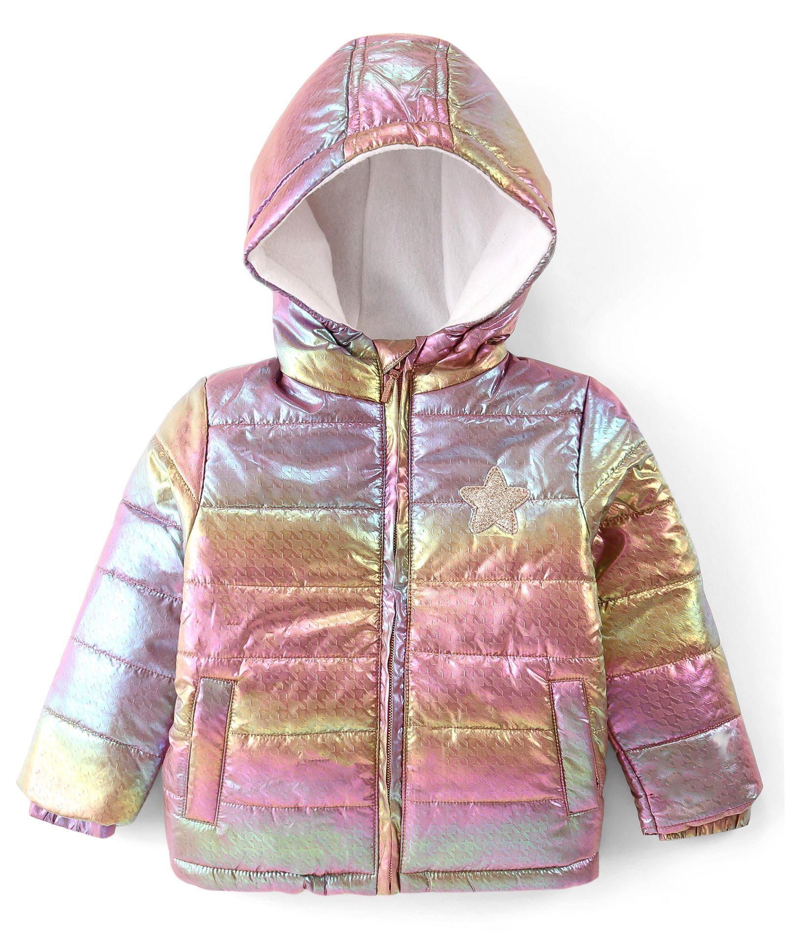 Babyhug Full Sleeves Front Open Padded Hooded Jacket with Holographic Design - Multicolour-image-16