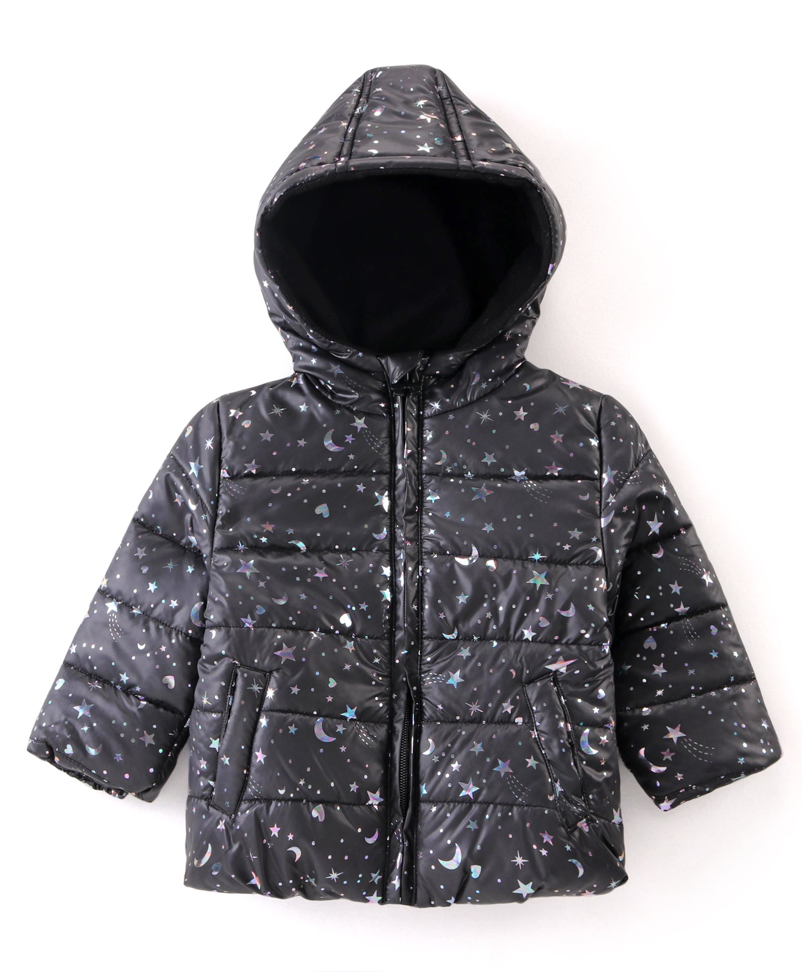 Babyhug Woven Full Sleeves Space Theme Foil Printed Padded Hooded Winter Jacket - Black-image-25