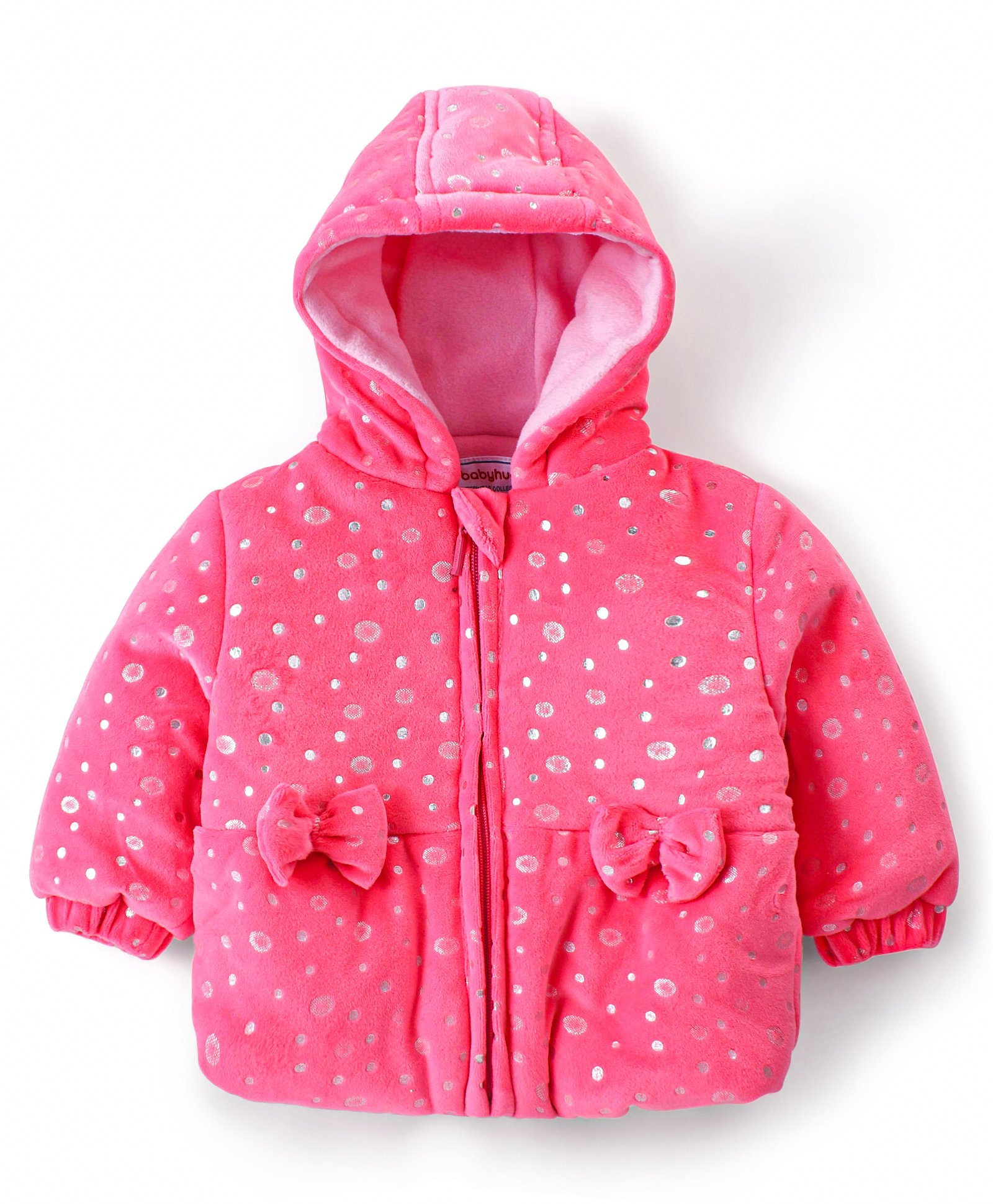 Babyhug Full Sleeves Hooded Sweatjacket With Polka Dot Design & Bow Applique - Pink-image-6