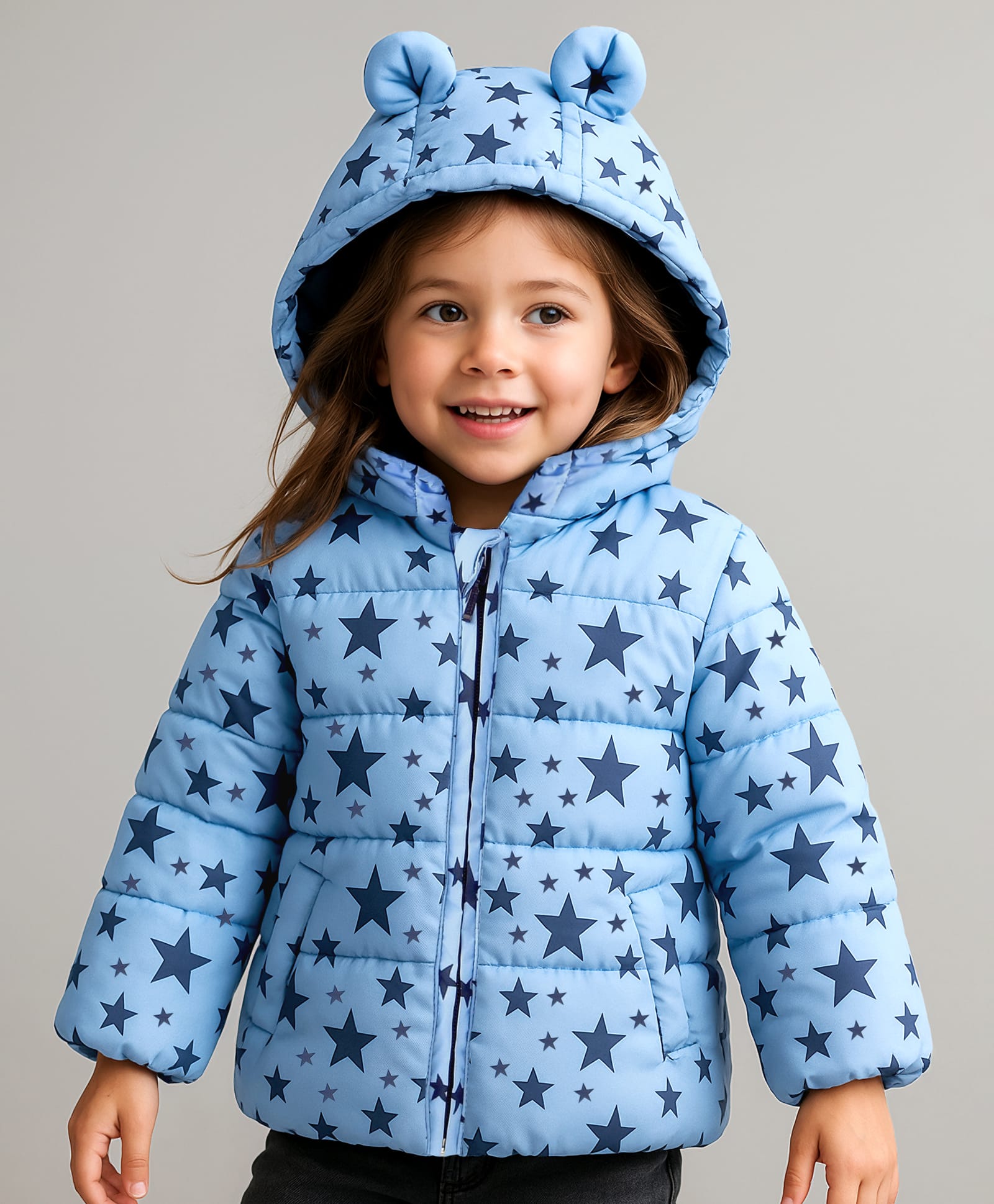 Babyhug Woven Full Sleeves Front Open Padded Hooded Jacket With Star Print - Sky Blue-picture-17