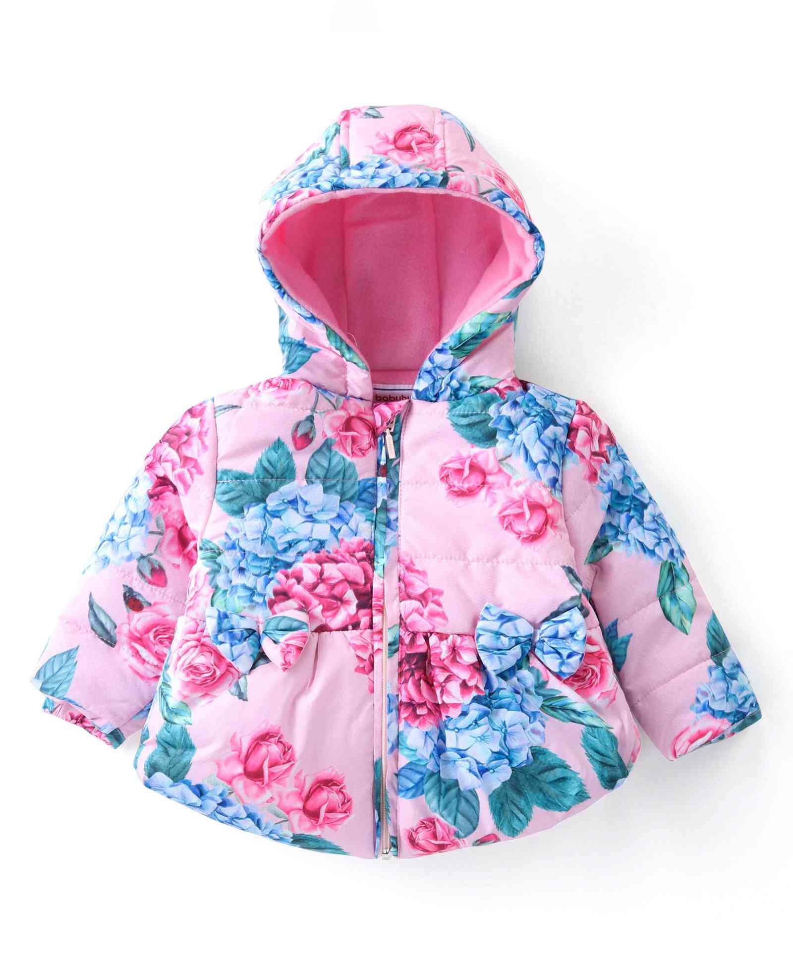 Babyhug Woven Full Sleeves Padded Hooded Jacket with Floral Print & Bow Applique - Pink-picture-28