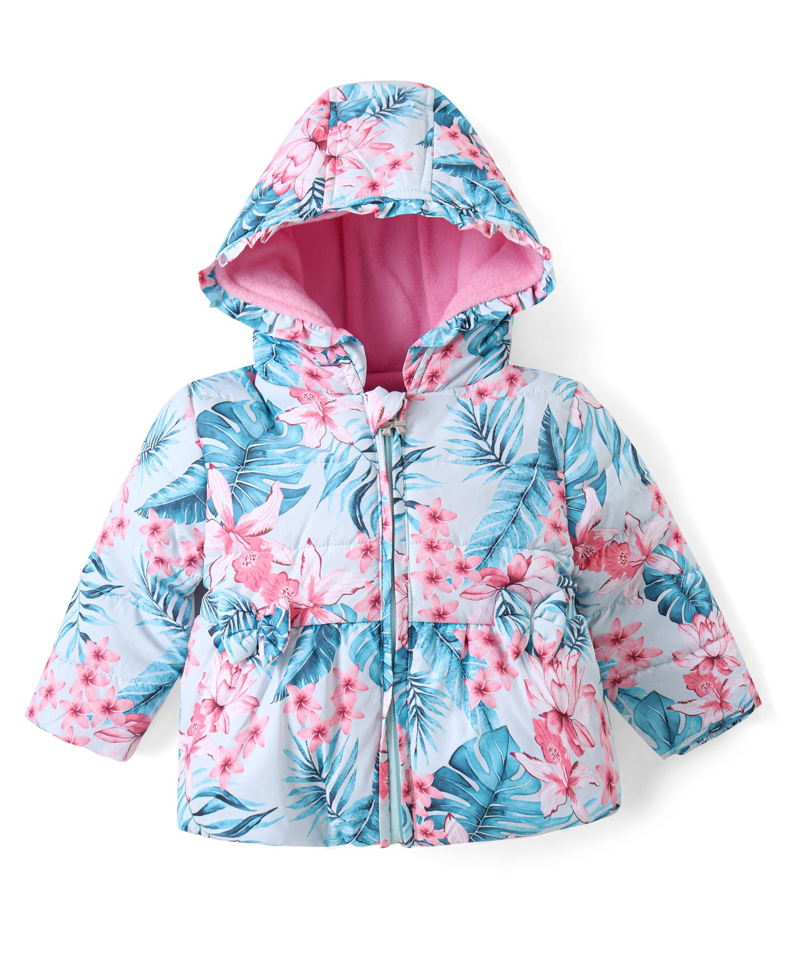 Babyhug Woven Full Sleeves Front Open Padded Hooded Jacket with Floral Print & Bow Applique - Pink-picture-38
