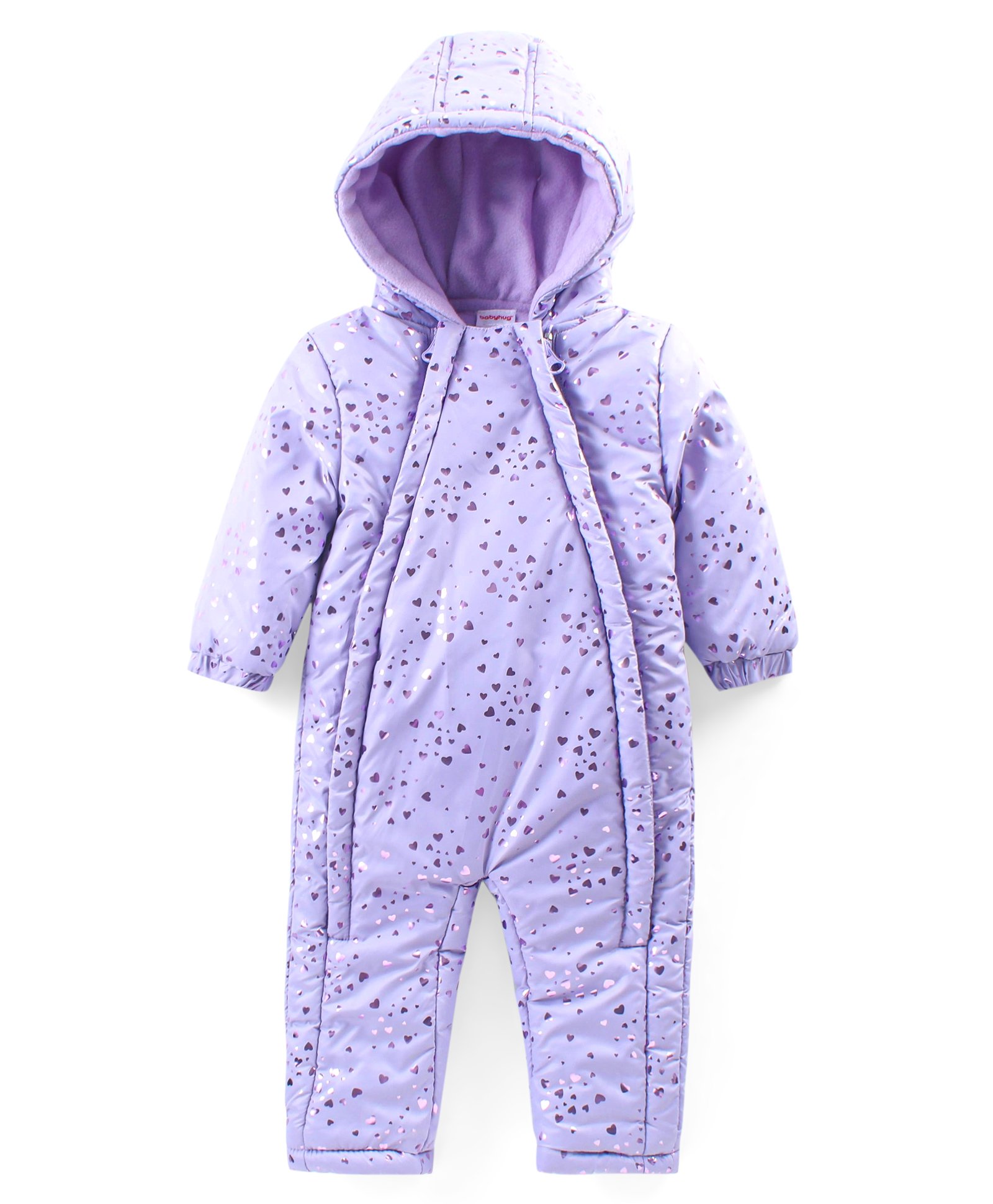 Babyhug Full Sleeves Hooded  Winter Romper Hearts Foil Print - Lavender-image-38