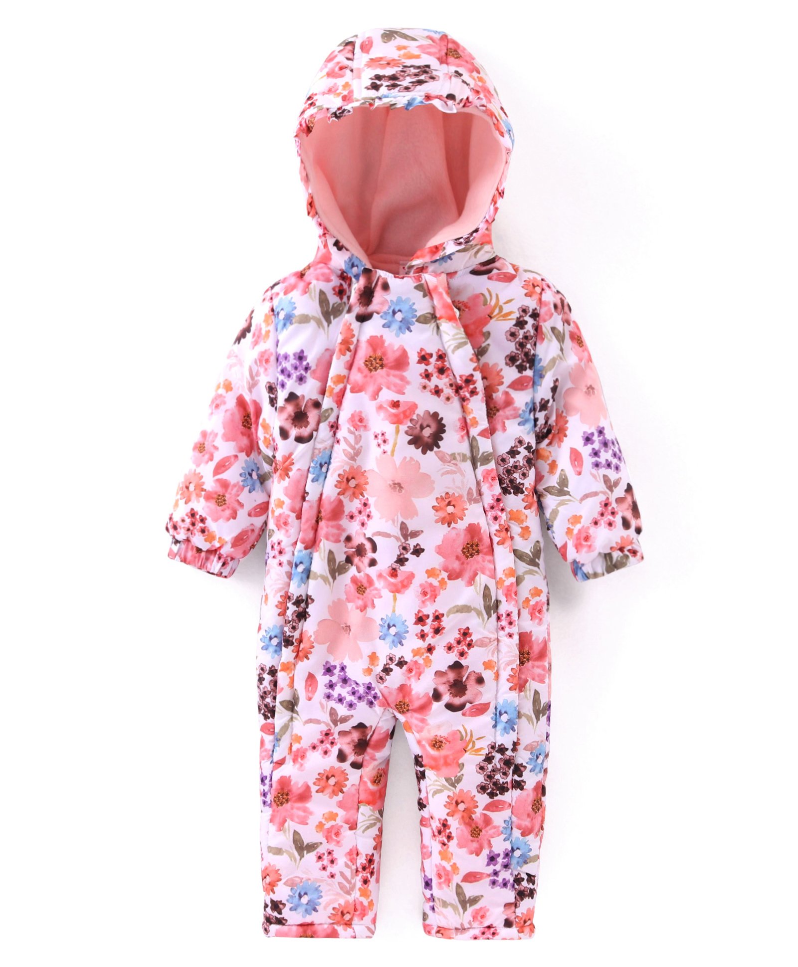 Babyhug Woven Full Sleeves Winter Wear Hooded Romper with Floral Print - Multicolour-image-46