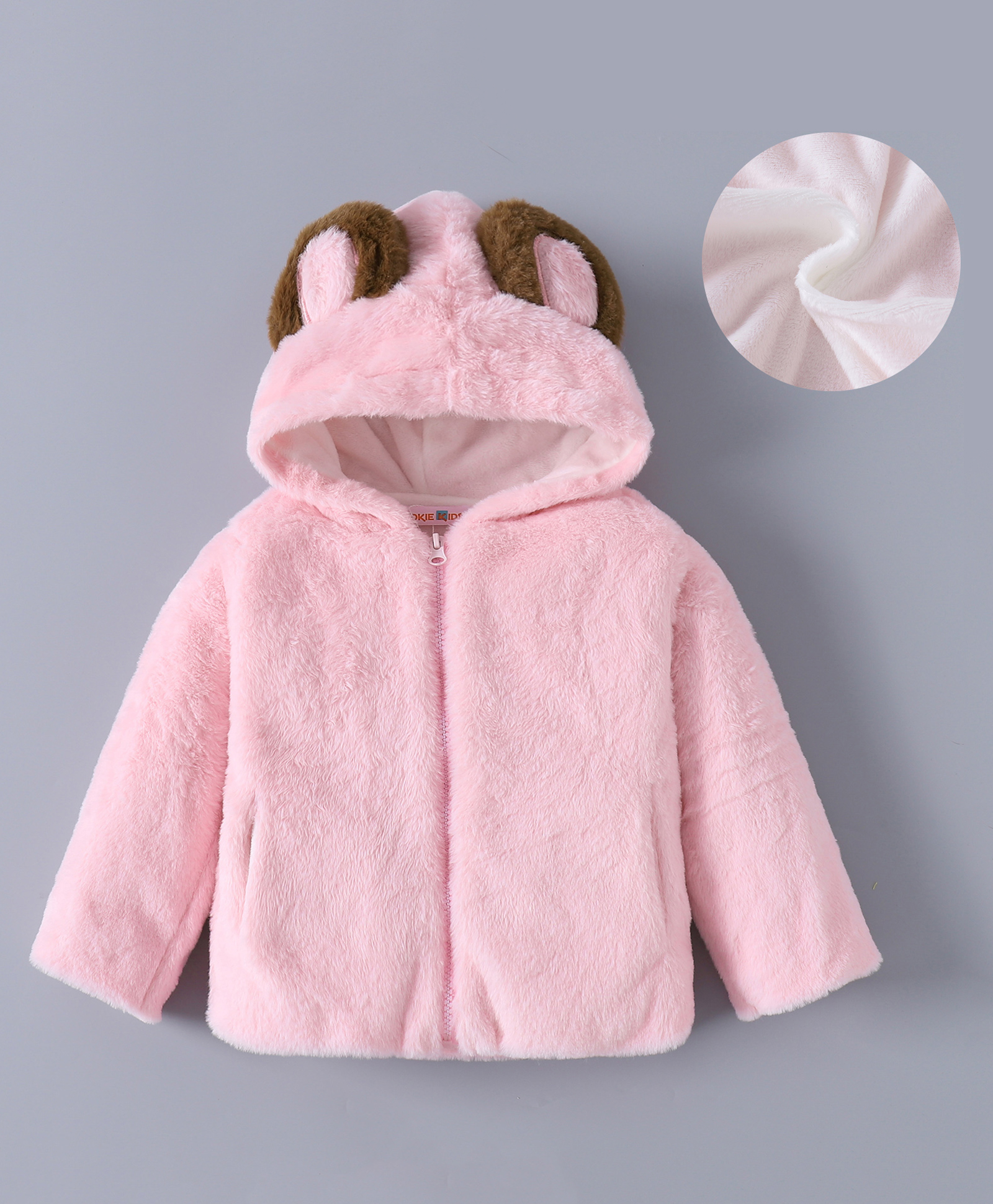 Kookie Kids Full Sleeves Front Open Hooded Fur Jacket With Ears Applique - Pink-image-37