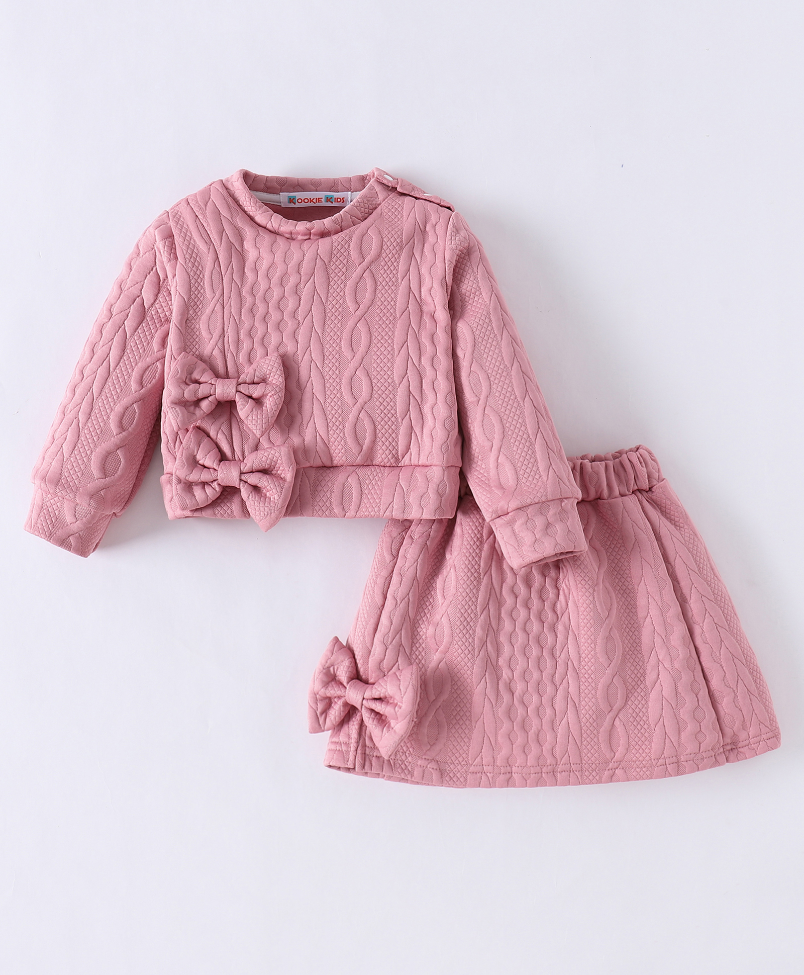 Kookie Kids Full Sleeves Winter Wear Textured Top & Skirt Set with Bow Applique - Pink-image-35
