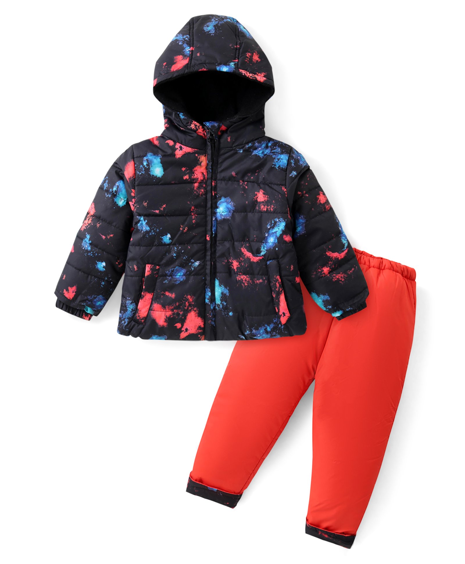 Babyhug Woven Full Sleeves Hooded Puffer Winter Wear Suit With Color Splash Print - Black-image-44