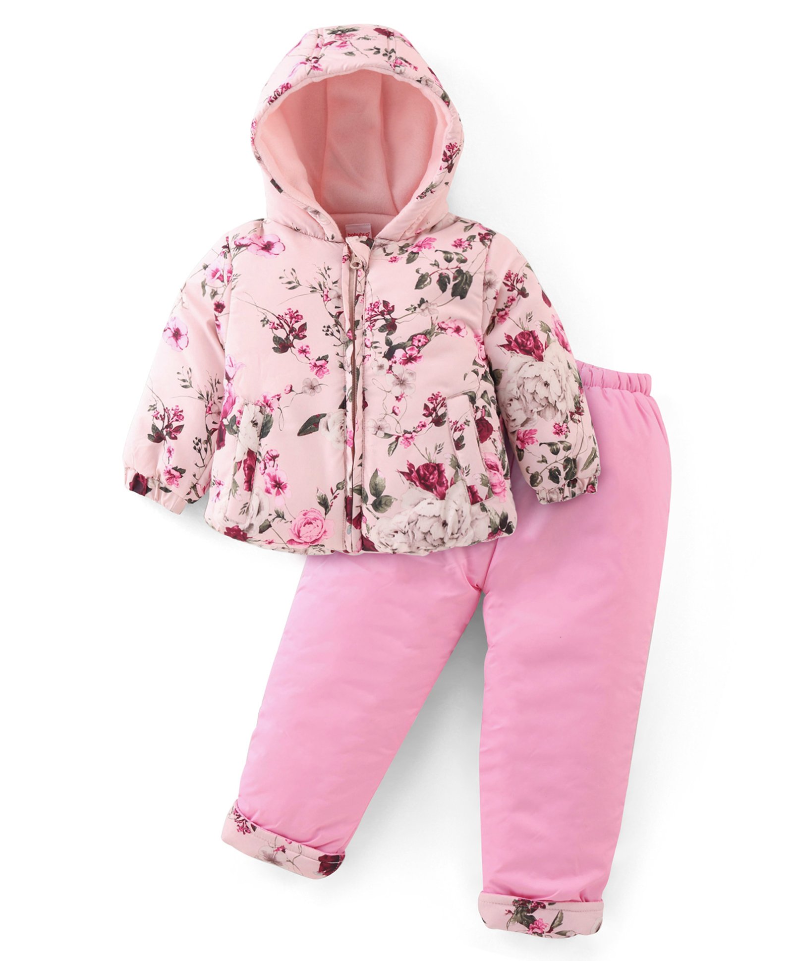 Babyhug Full Sleeves Hooded Puffer Winter Wear Suit With Floral Print - Pink-image-29