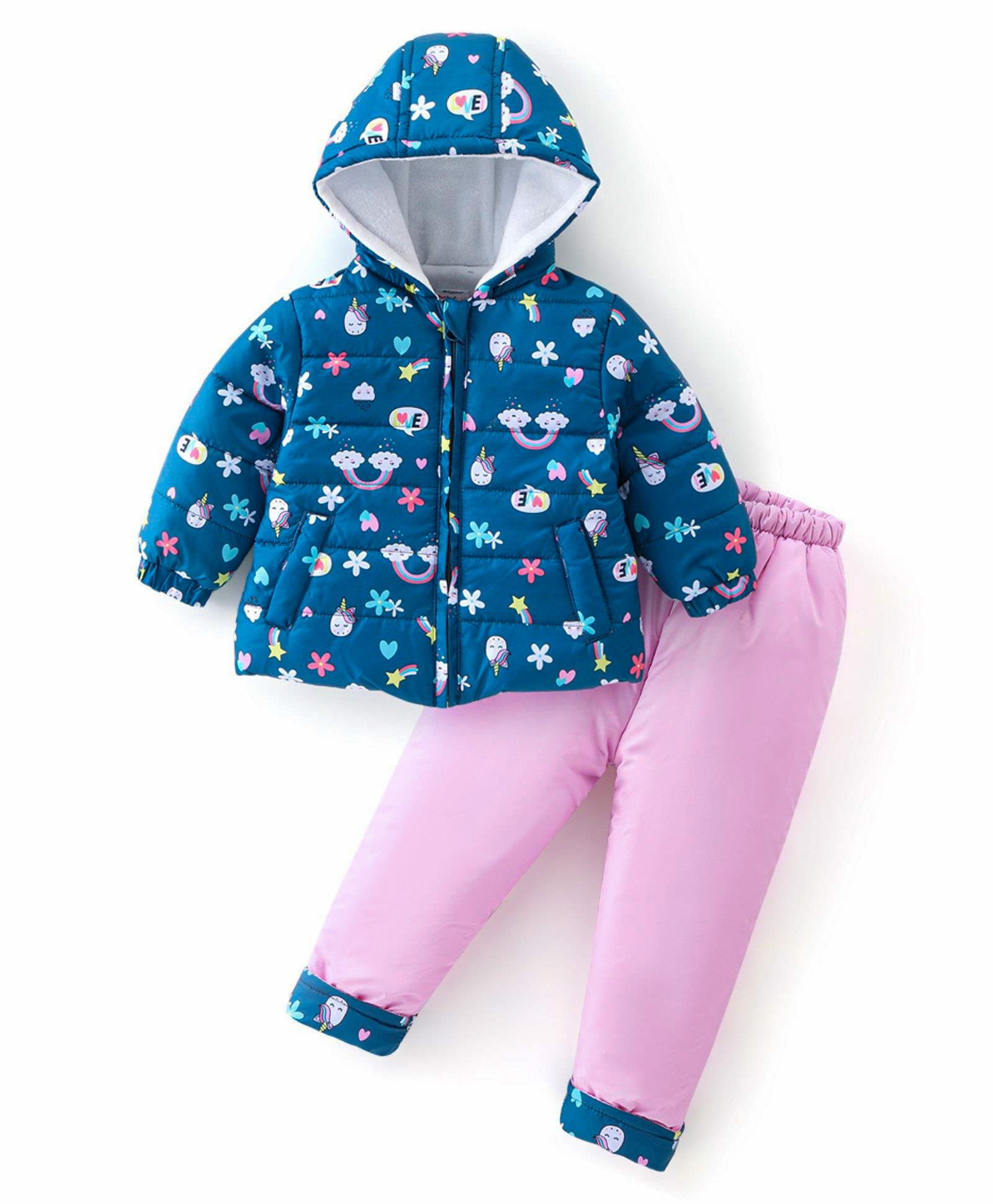 Babyhug Woven Full Sleeves Hooded Puffer Winter Wear Suit With Floral & Unicorn Print - Multicolor-image-44