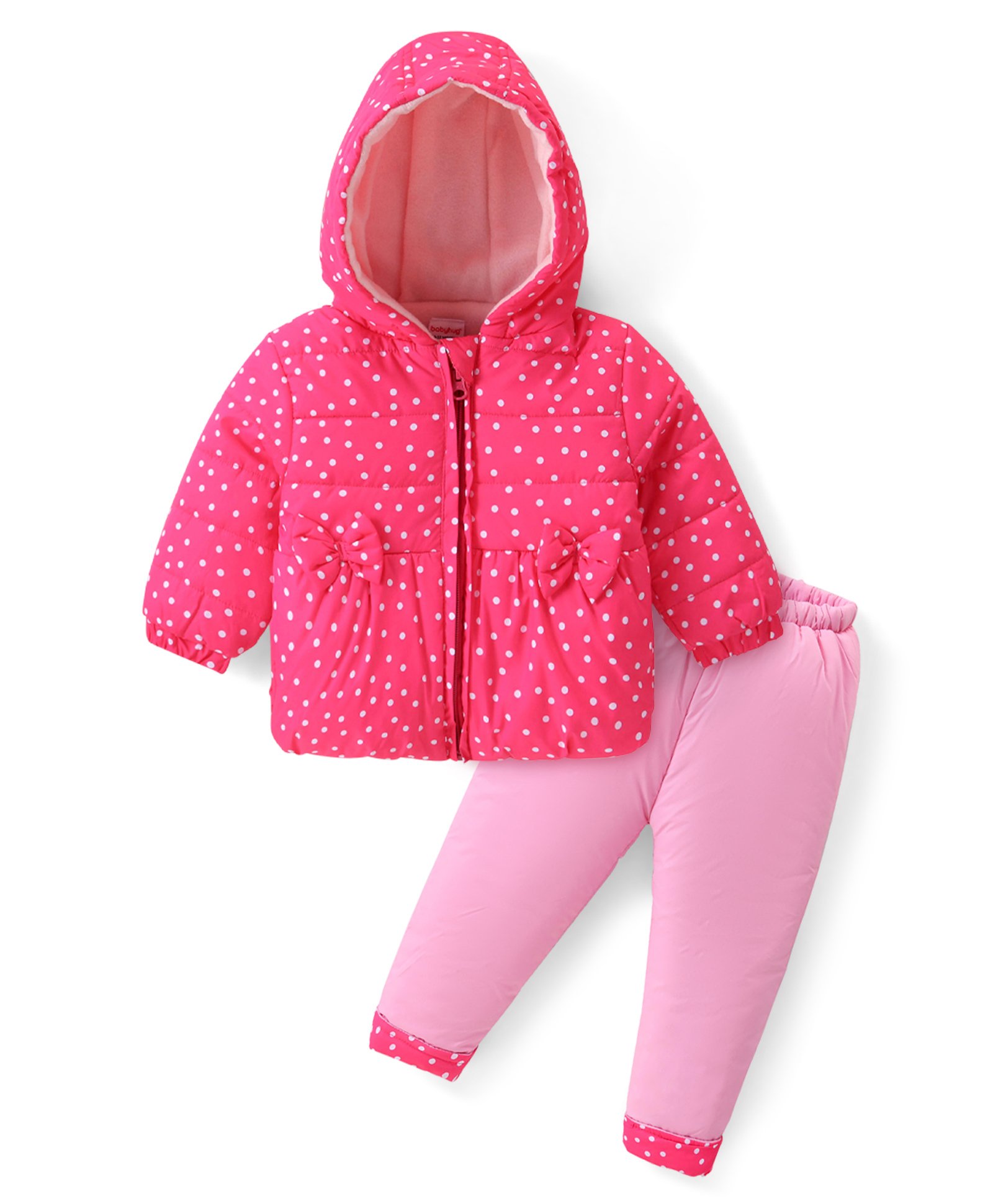 Babyhug Woven Full Sleeves Hooded Puffer Winter Wear Suit With Polka Dots Print - Pink-image-46