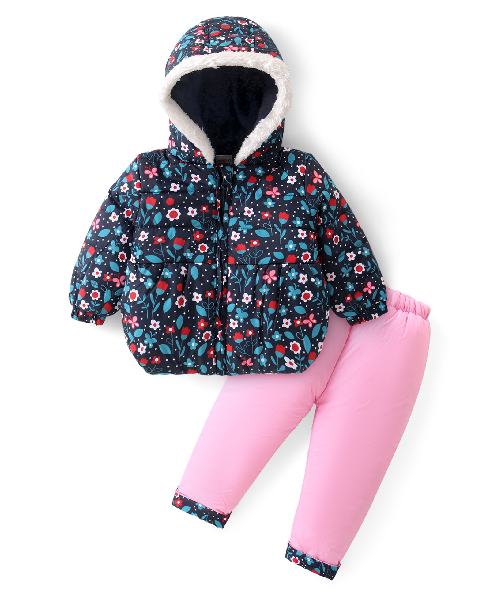 Babyhug Woven Full Sleeves Hooded Puffer Winter Wear Suit With Floral Print - Blue-image-20