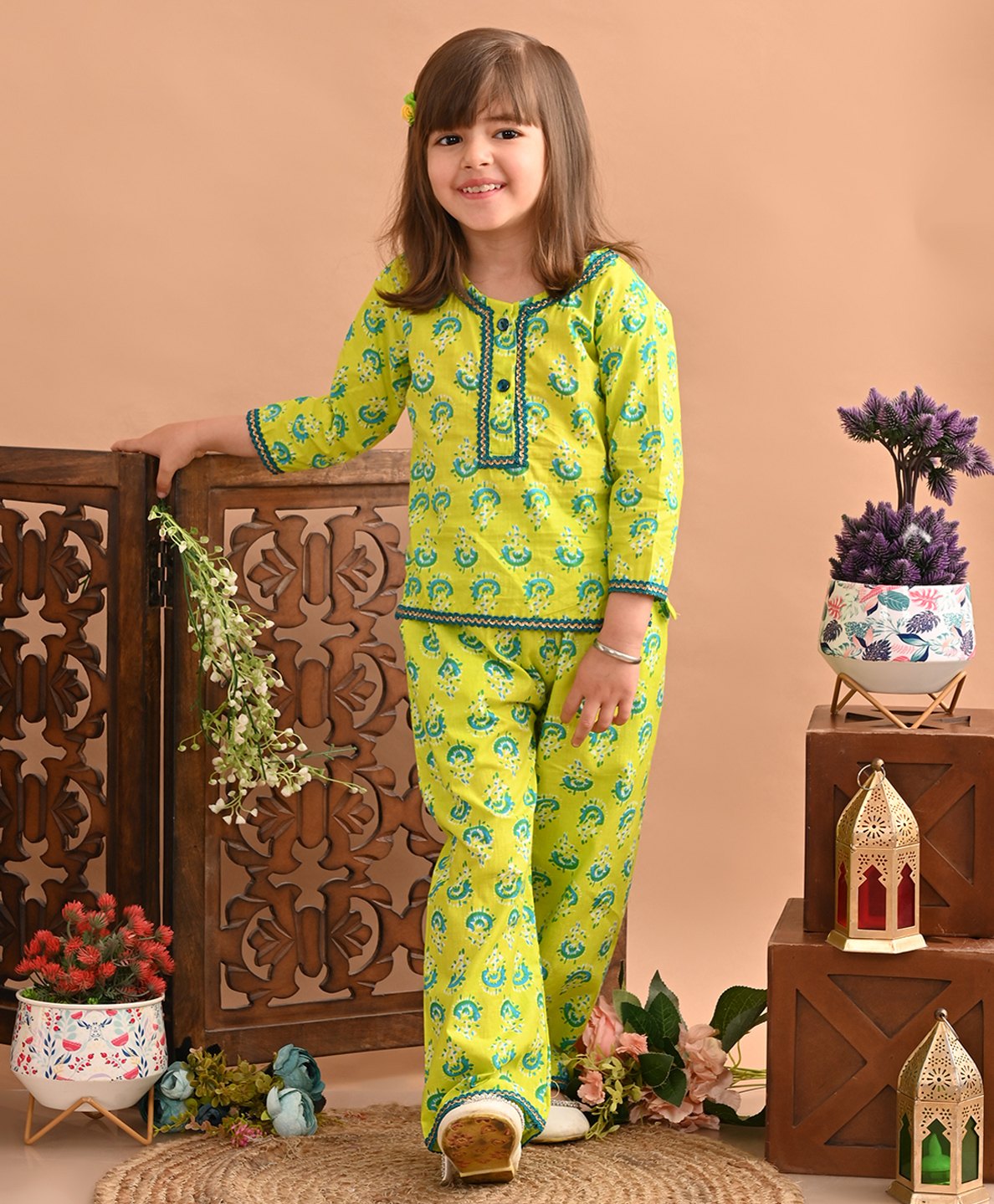 Superminis Cotton Three Fourth Sleeves Ethnic Motif Printed Top And Pant Set - Green-picture-22