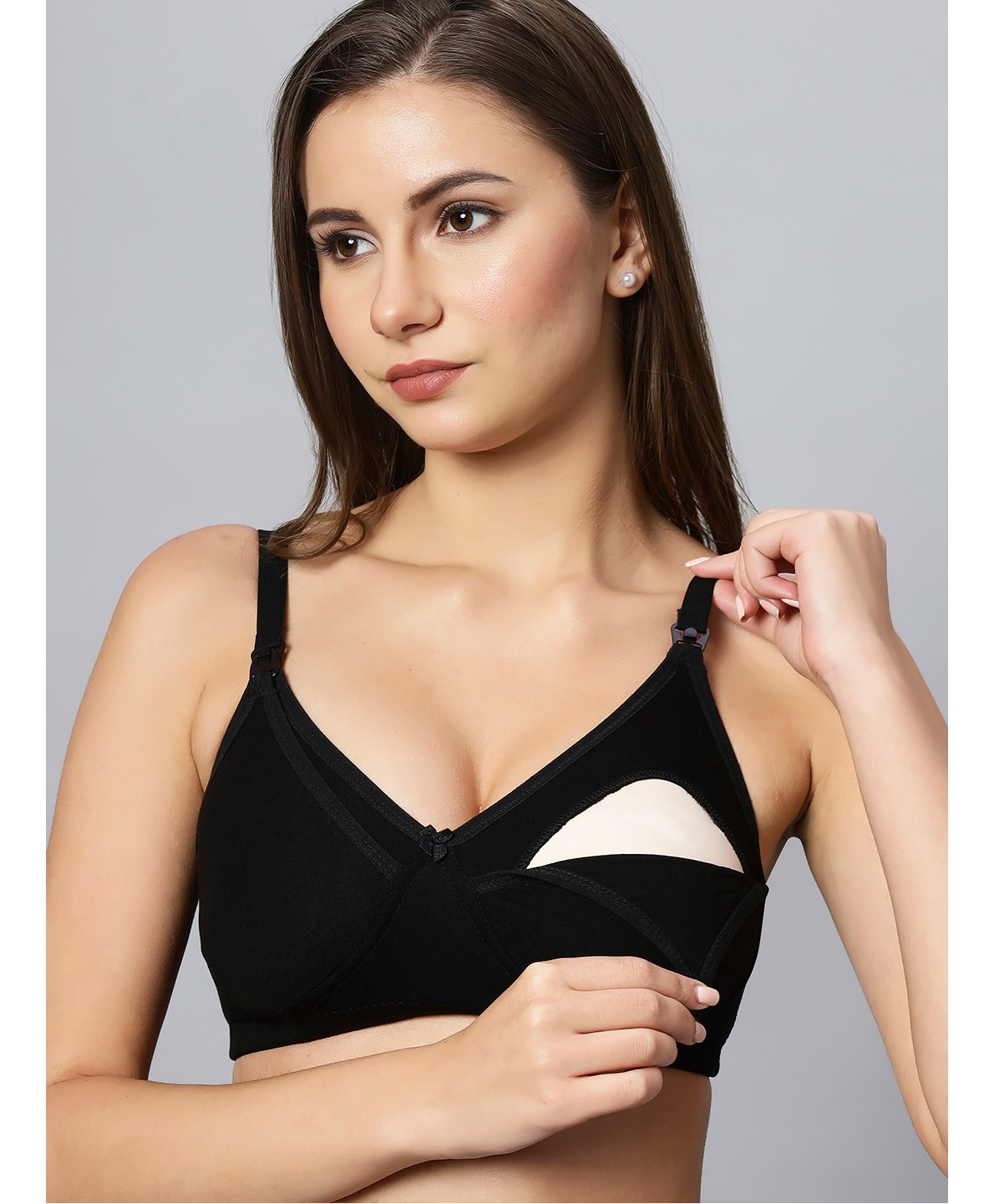 TUMMY Bamboo Cotton Solid Bra With Nursing Access - Black-picture-12