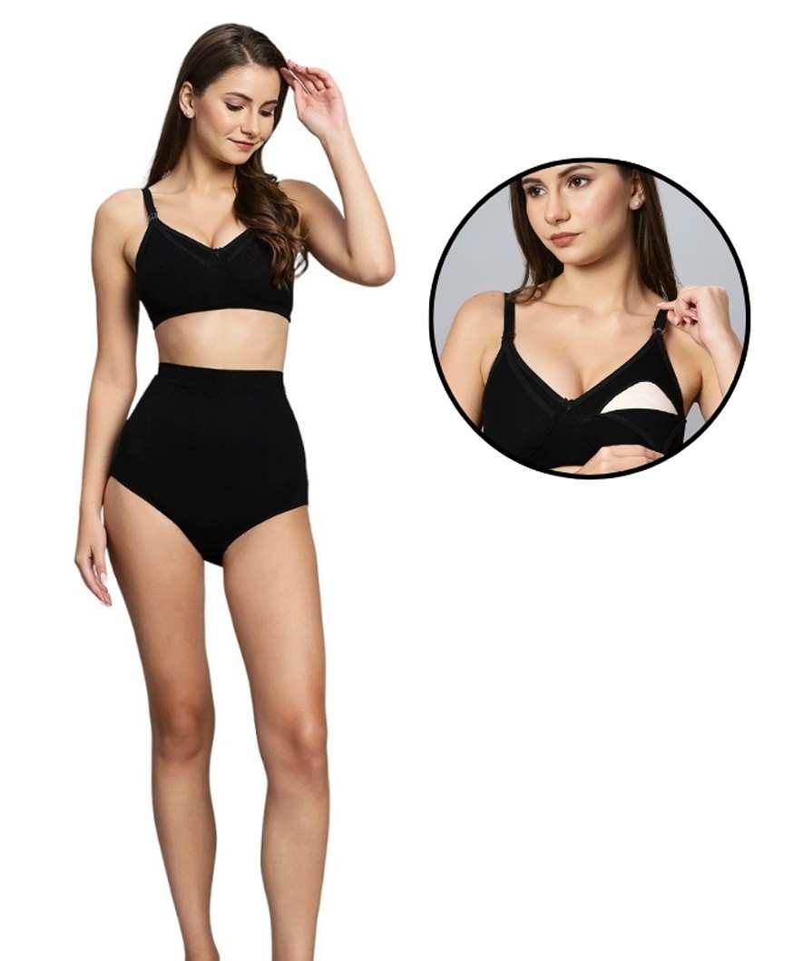 TUMMY Bamboo Cotton Solid Nursing Breast Feeding Bra & High Waist Maternity Panty Set - Black-picture-17