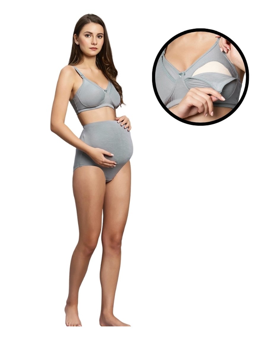 TUMMY Bamboo Cotton Solid Nursing Breast Feeding Bra & High Waist Maternity Panty Set - Grey-picture-23