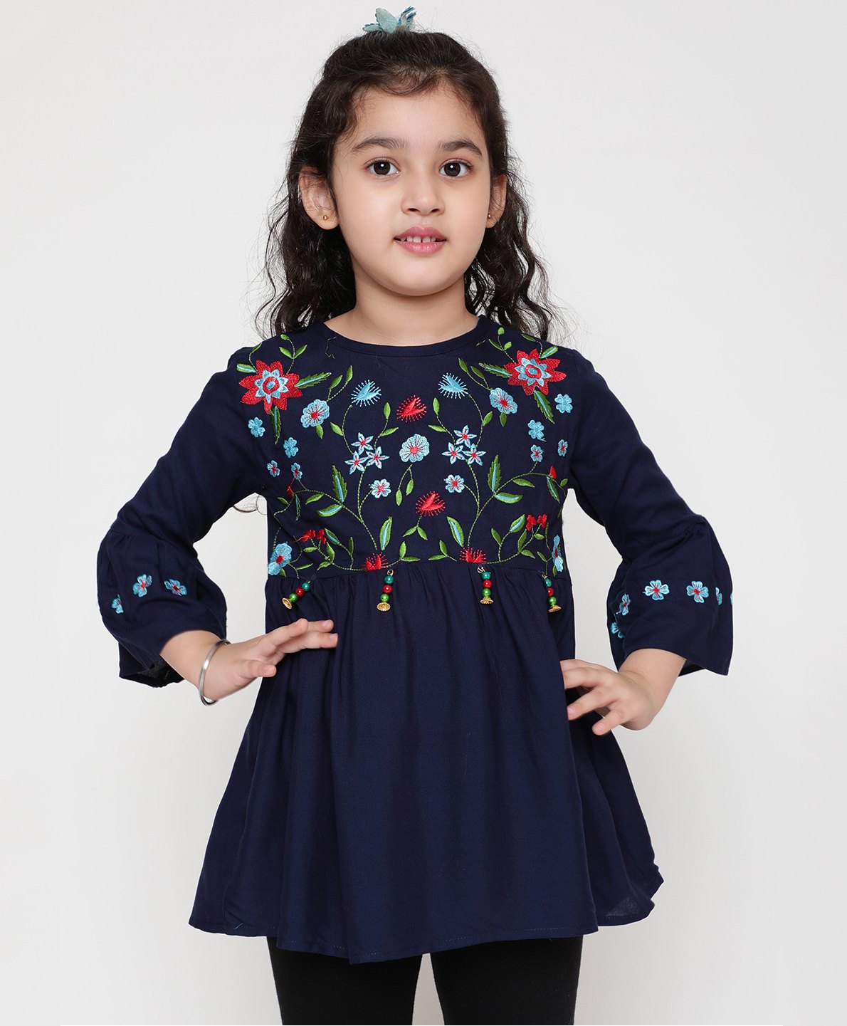 ISHTI Rayon Three Fourth Sleeves Floral Embroidered Top - Navy Blue-picture-19
