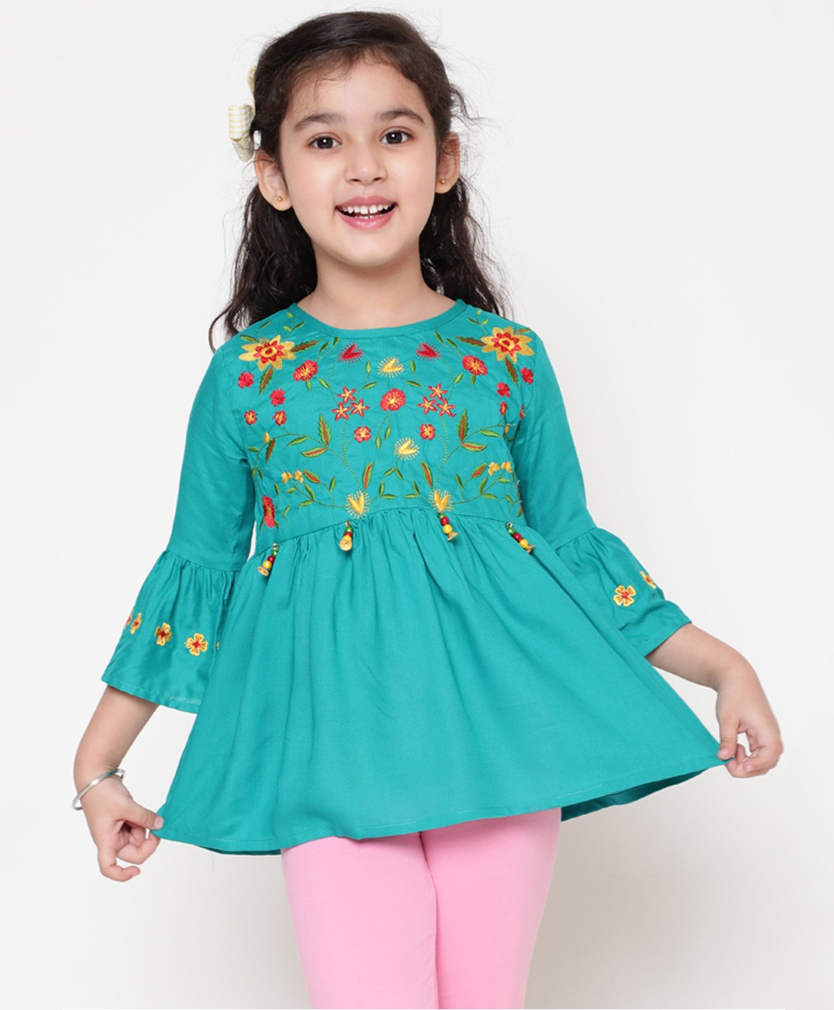 ISHTI Rayon Three Fourth Sleeves Floral Embroidered Top - Rama-picture-30