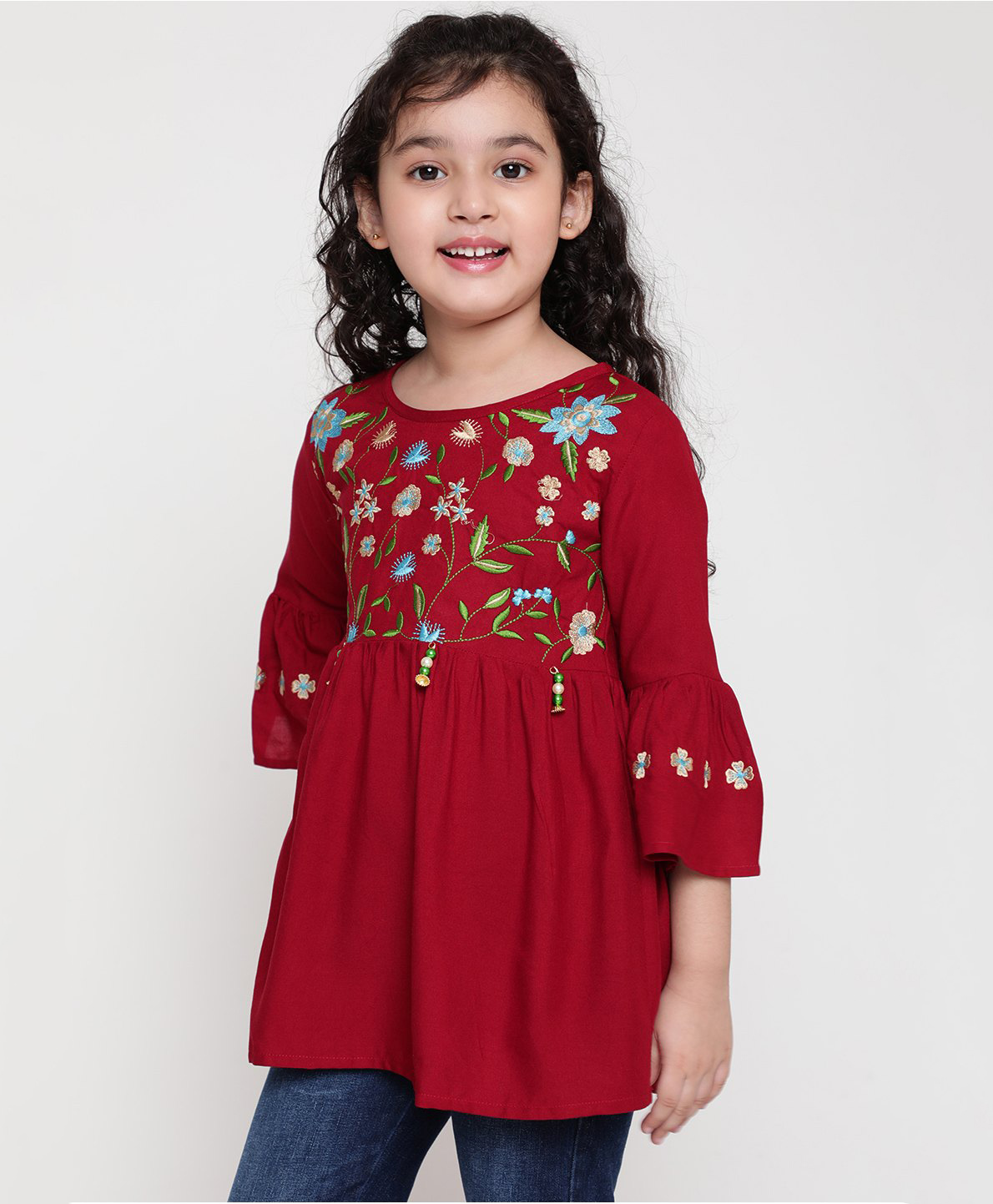 ISHTI Rayon Three Fourth Sleeves Floral Embroidered Top - Maroon-picture-26