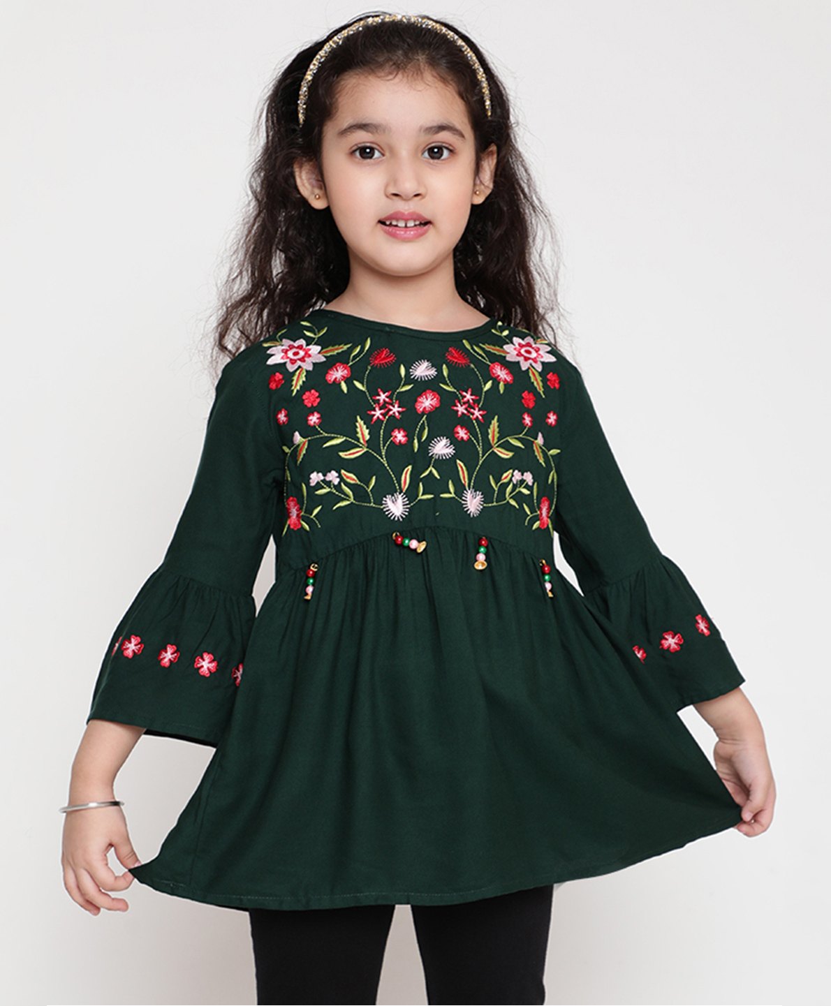 ISHTI Three Fourth Sleeves Floral Embroidered Top - Bottle Green-picture-24