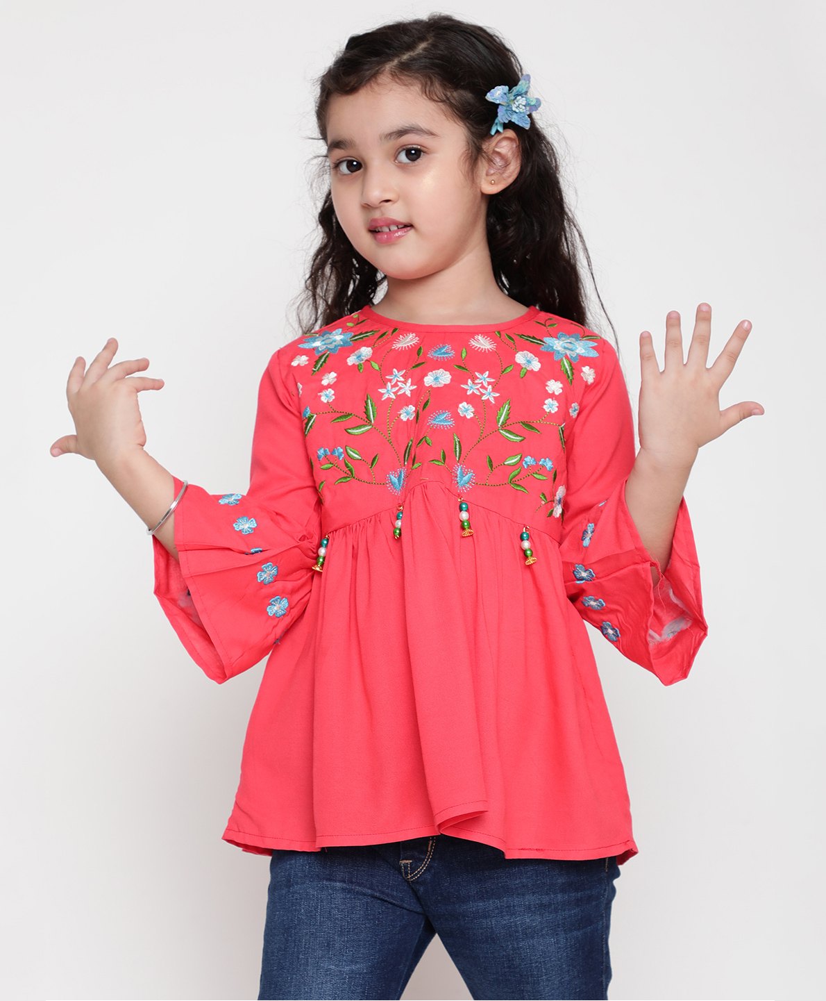 ISHTI Three Fourth Sleeves Floral Embroidered Top - Red-picture-35