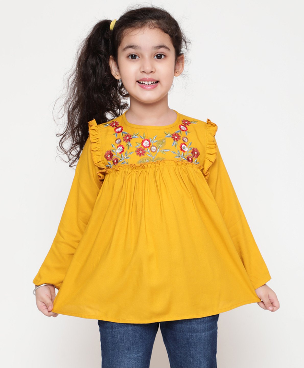 ISHTI Full Sleeves Frill Detailed Floral Embroidered Top - Yellow-picture-19