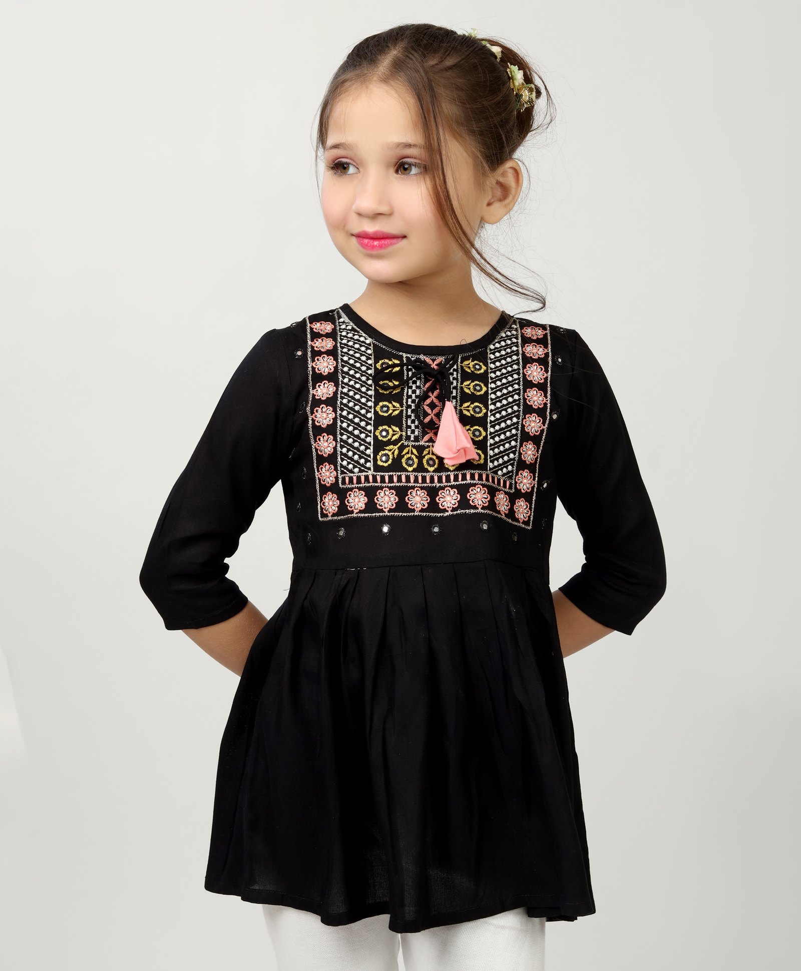 ISHTI Three Fourth Sleeves Floral Embroidered Top -  Black-picture-32