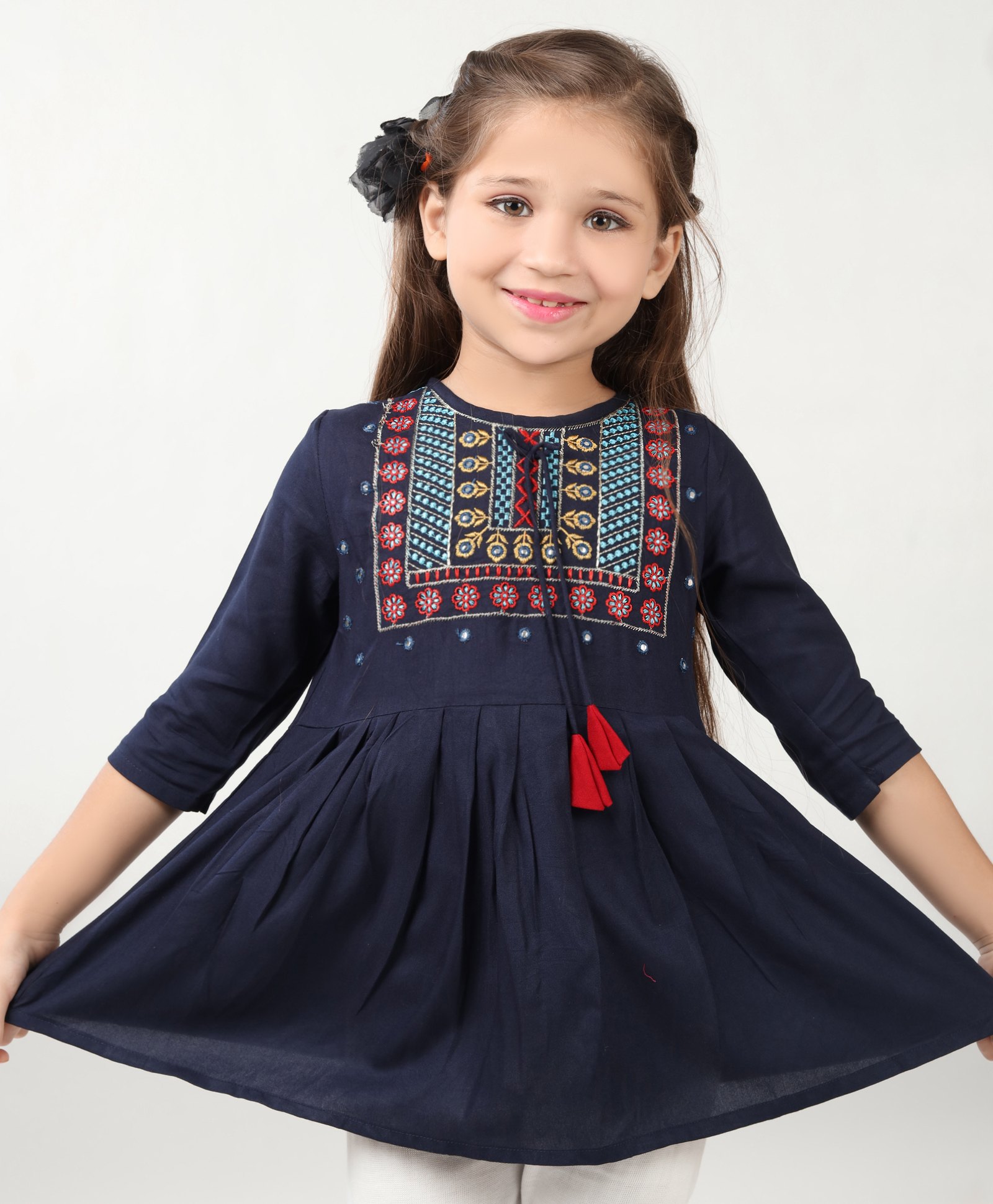 ISHTI Three Fourth Sleeves Floral Embroidered Top -  Navy Blue-picture-38
