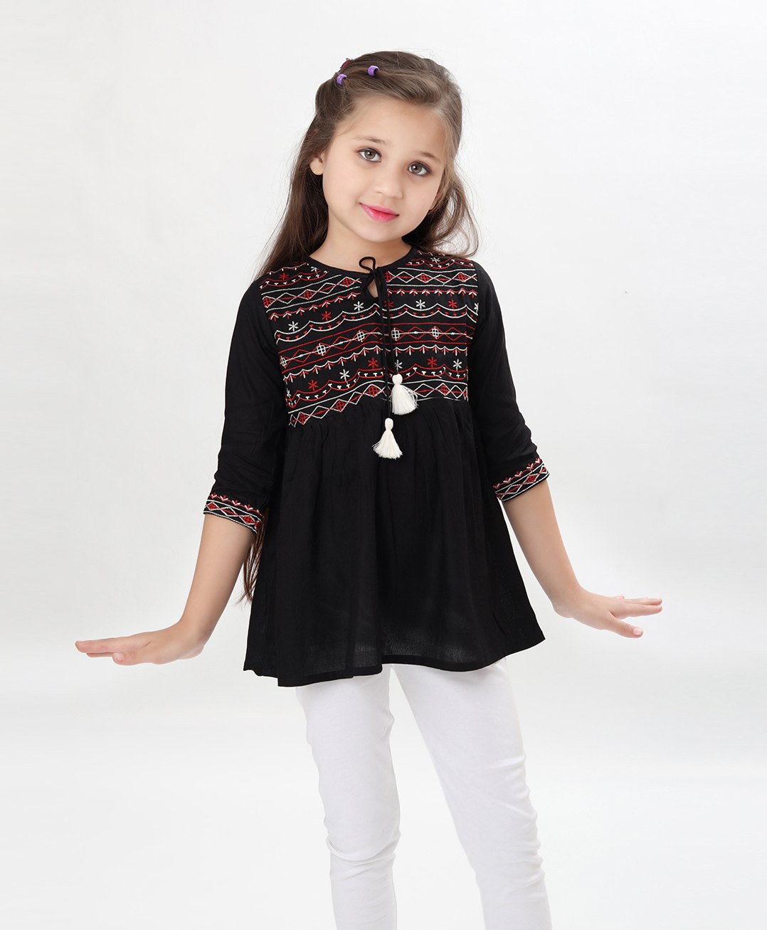 ISHTI Rayon Three Fourth Sleeves Abstract Embroidered Top - Black-picture-36