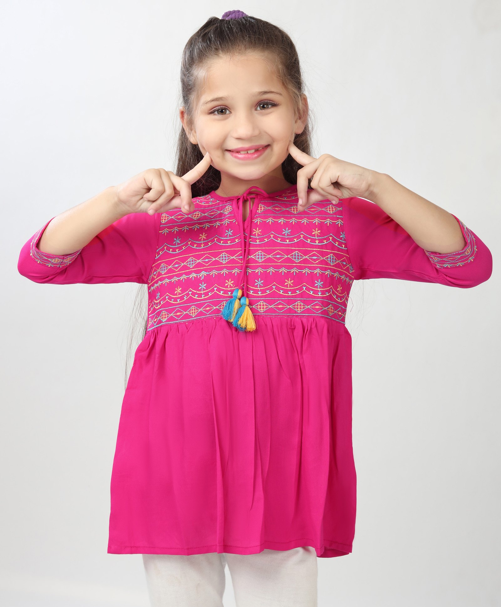 ISHTI Rayon Three Fourth Sleeves Abstract Embroidered Top - Pink-picture-25