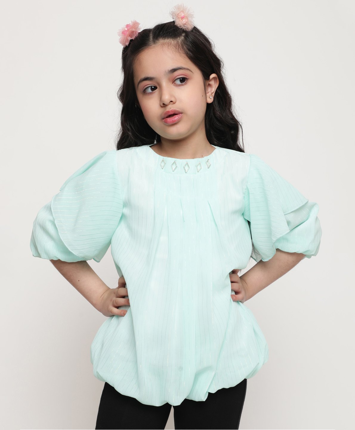 ISHTI Three Fourth Sleeves Lurex Striped Top - Light Green-picture-28