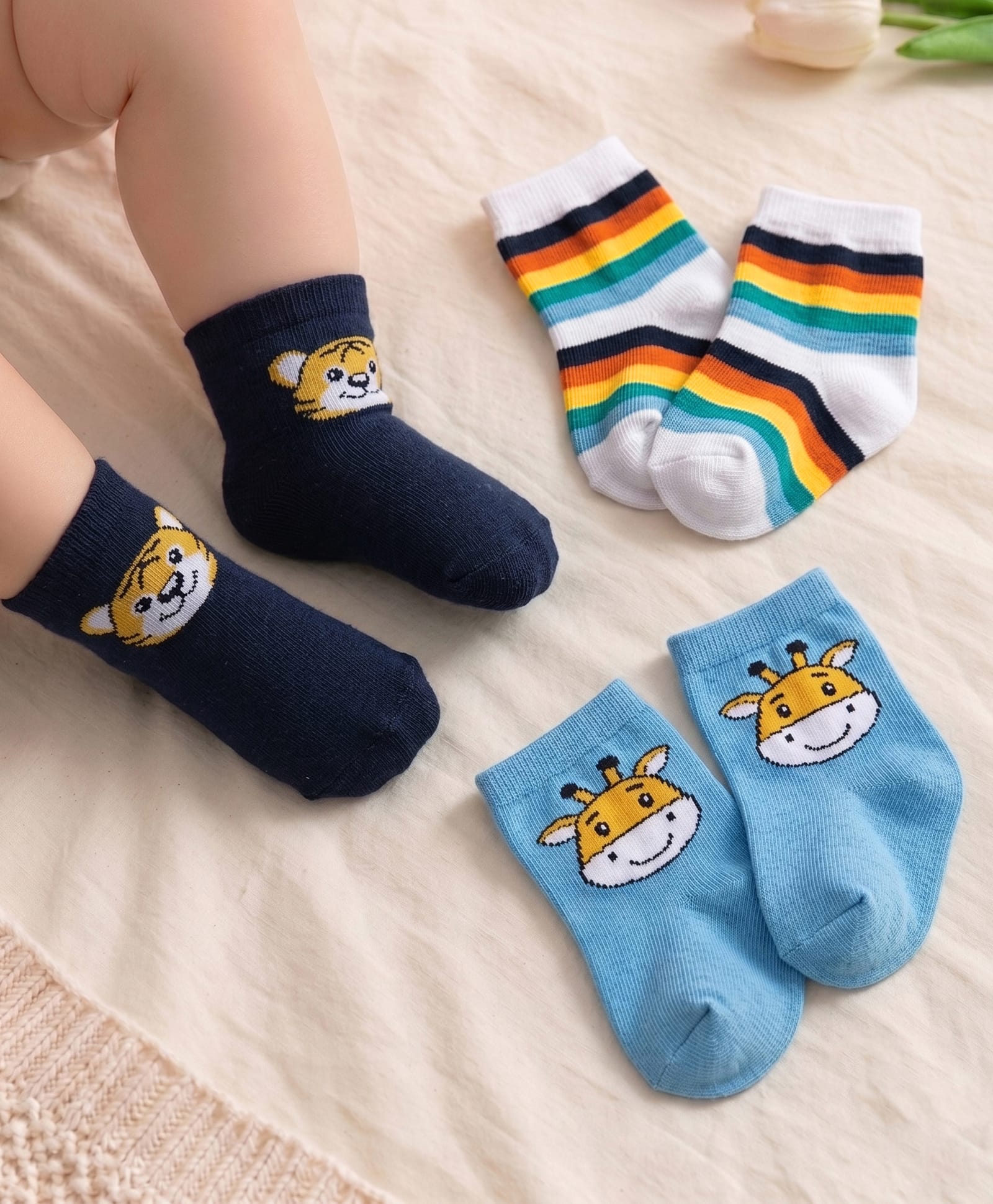 Cute Walk by Babyhug Ankle Length Antibacterial Knitted Striped & Lion Design Socks Pack Of 3 - Blue & White-picture-19