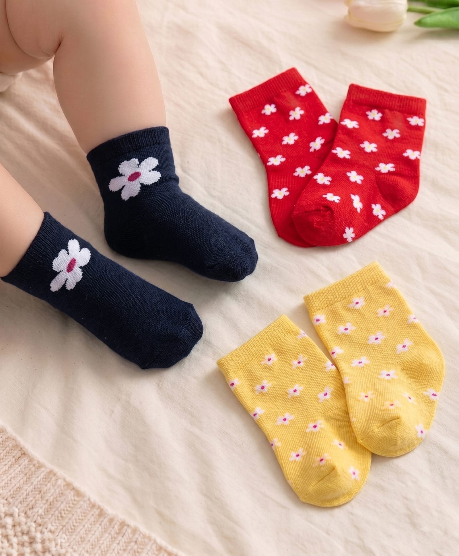 Cute Walk by Babyhug Ankle Length Antibacterial Knitted Floral Design Socks Pack Of 3 - Blue Red & Yellow-picture-35