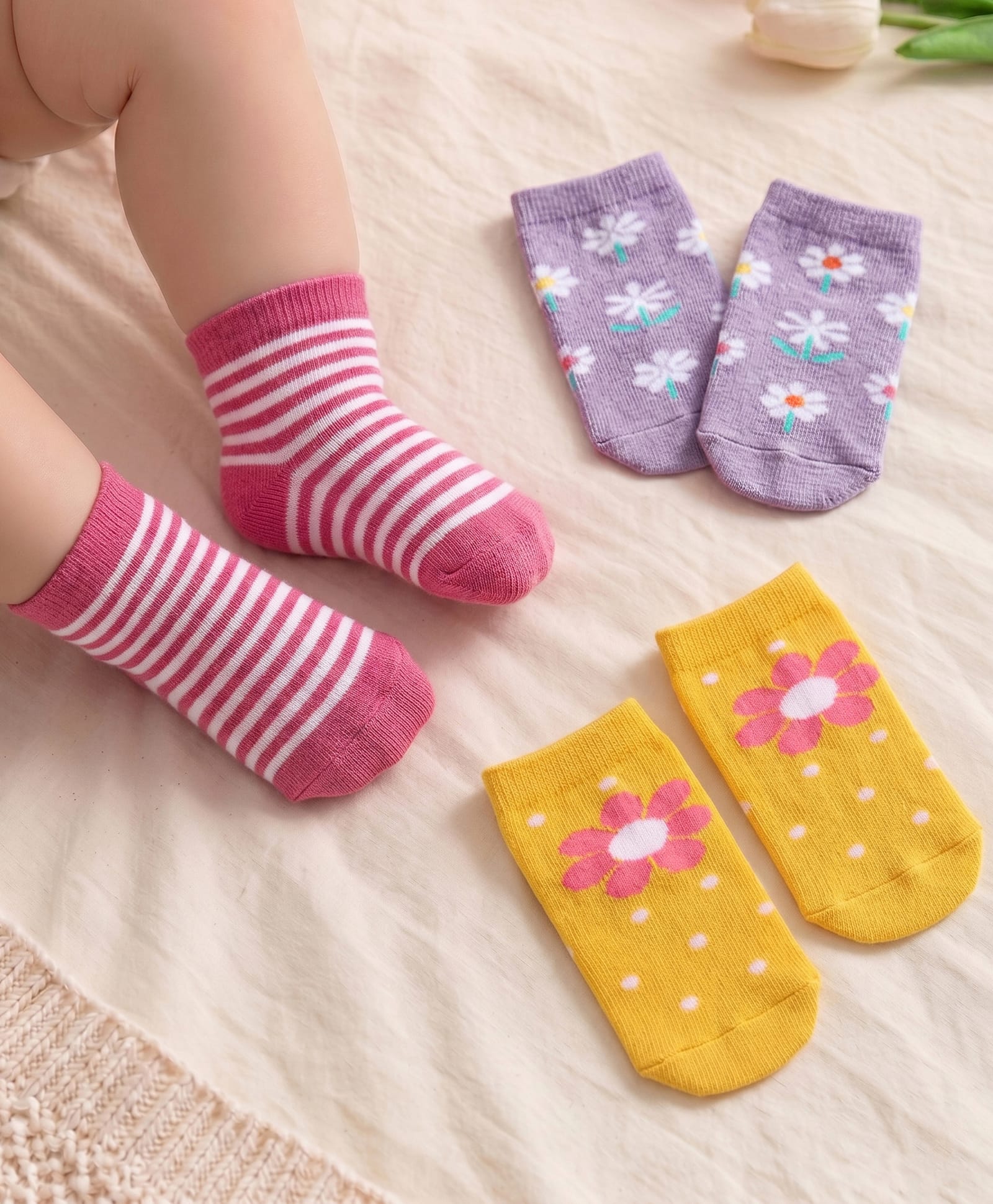 Cute Walk by Babyhug Ankle Length Antibacterial Knitted Striped & Floral Design Socks Pack Of 3 - Pink Purple & Yellow-image-44