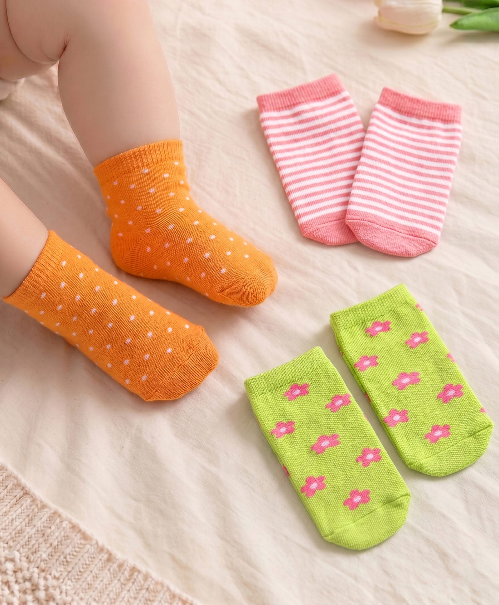 Cute Walk by Babyhug Ankle Length Antibacterial Knitted Striped Polka Dots & Floral Design Socks Pack Of 3 - Orange Pink & Green-image-32