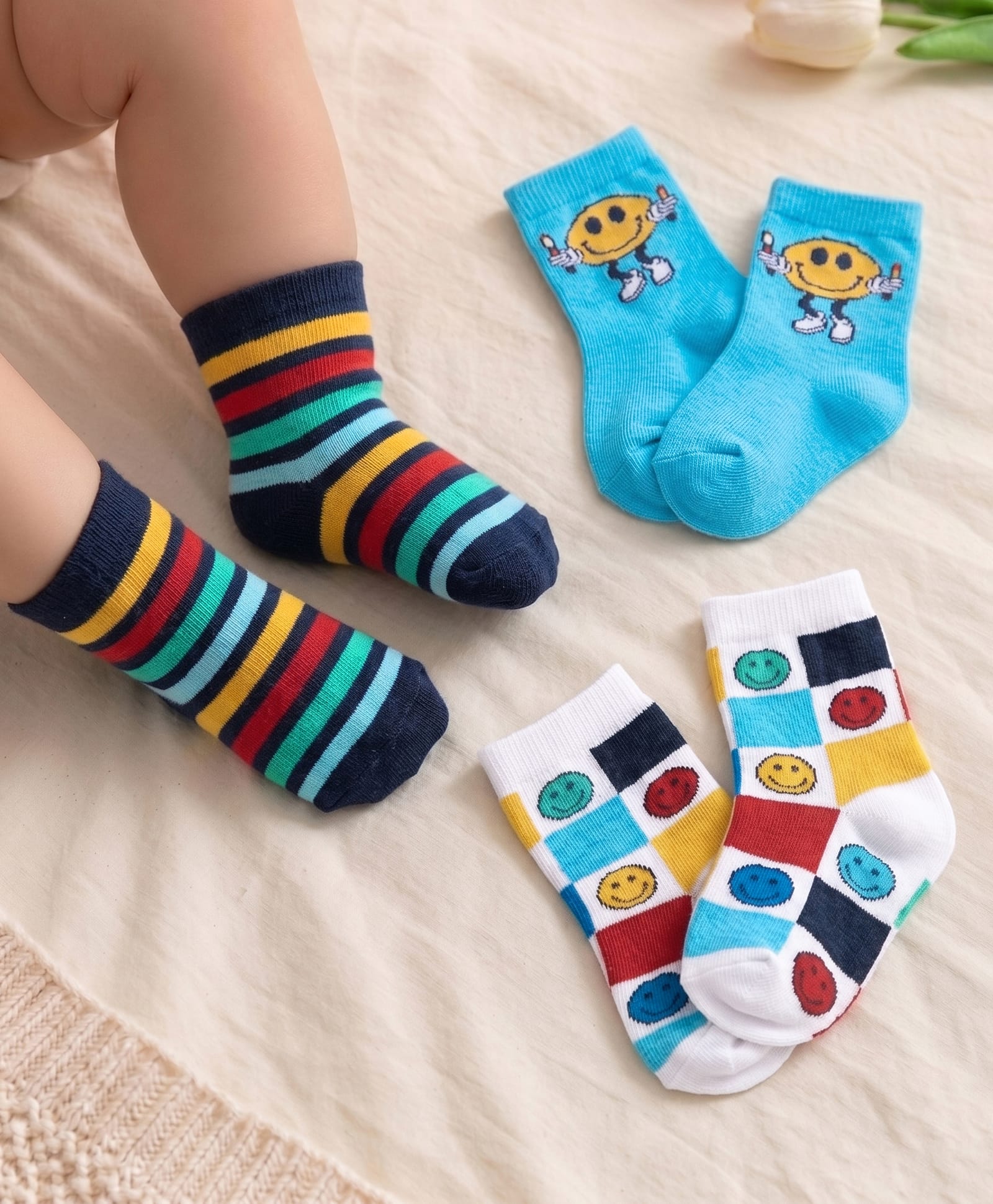 cute walk by babyhug Cutewalk By Babyhug Anti Bacterial Ankle Length Striped Socks Pack of 3 - Blue & White-picture-28