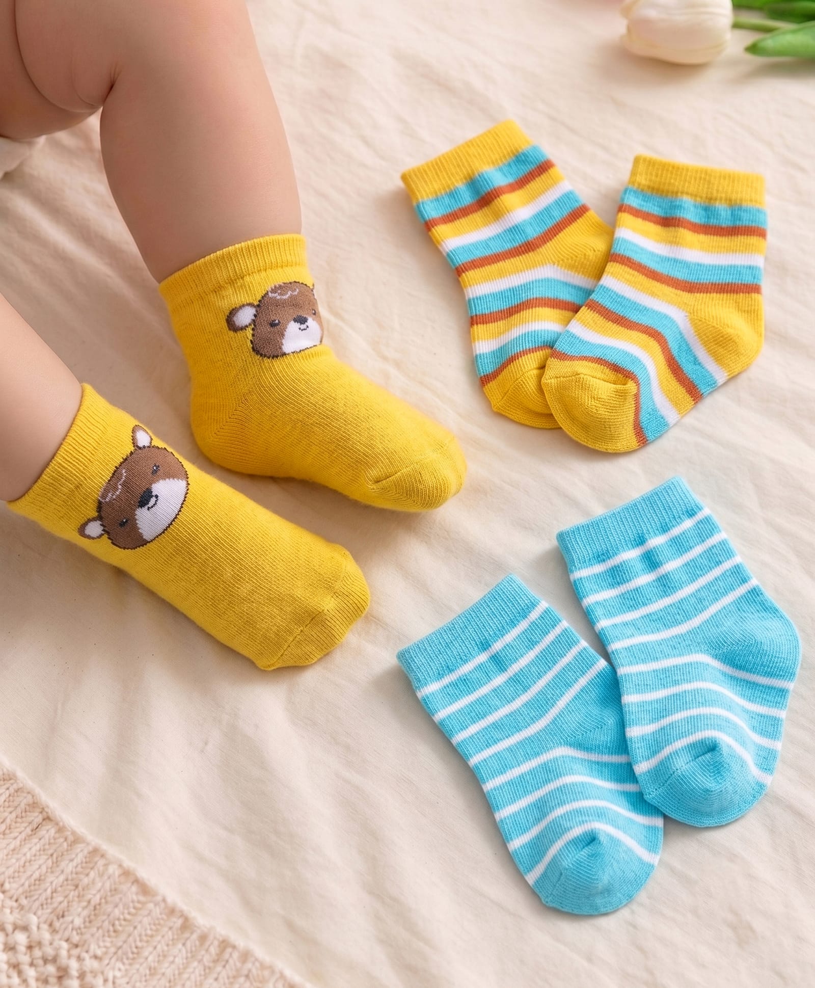 Cute Walk by Babyhug Ankle Length Antibacterial Knitted Striped & Bear Design Socks Pack Of 3 - Blue & Yellow-image-13