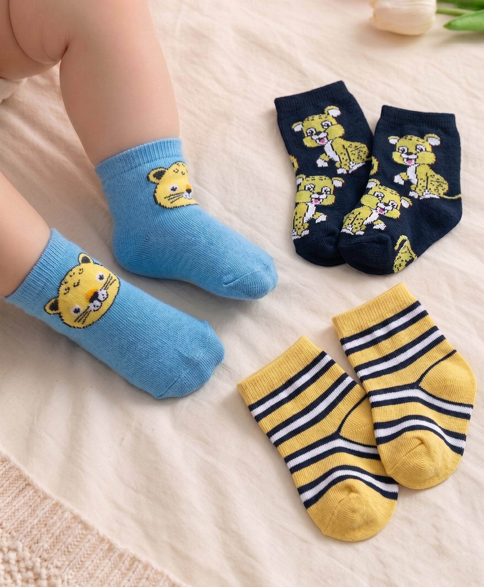 Cute Walk by Babyhug Ankle Length Antibacterial Knitted Striped & Cat Design Socks Pack Of 3 - Blue & Yellow-image-43