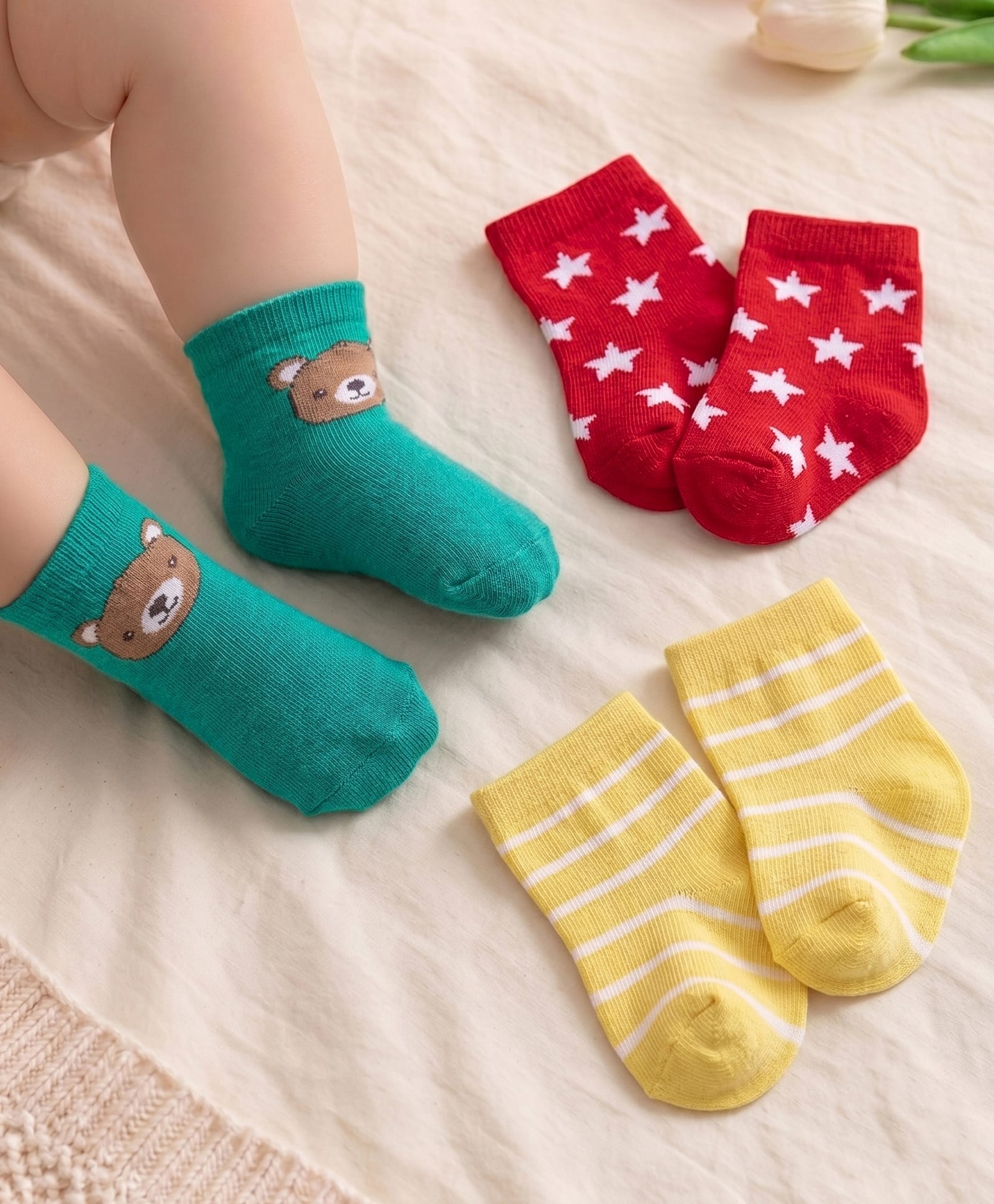 Cutewalk by Babyhug Anti-Bacterial Ankle Length Socks Bear & Star Print Pack of 3 - Multicolour-image-7
