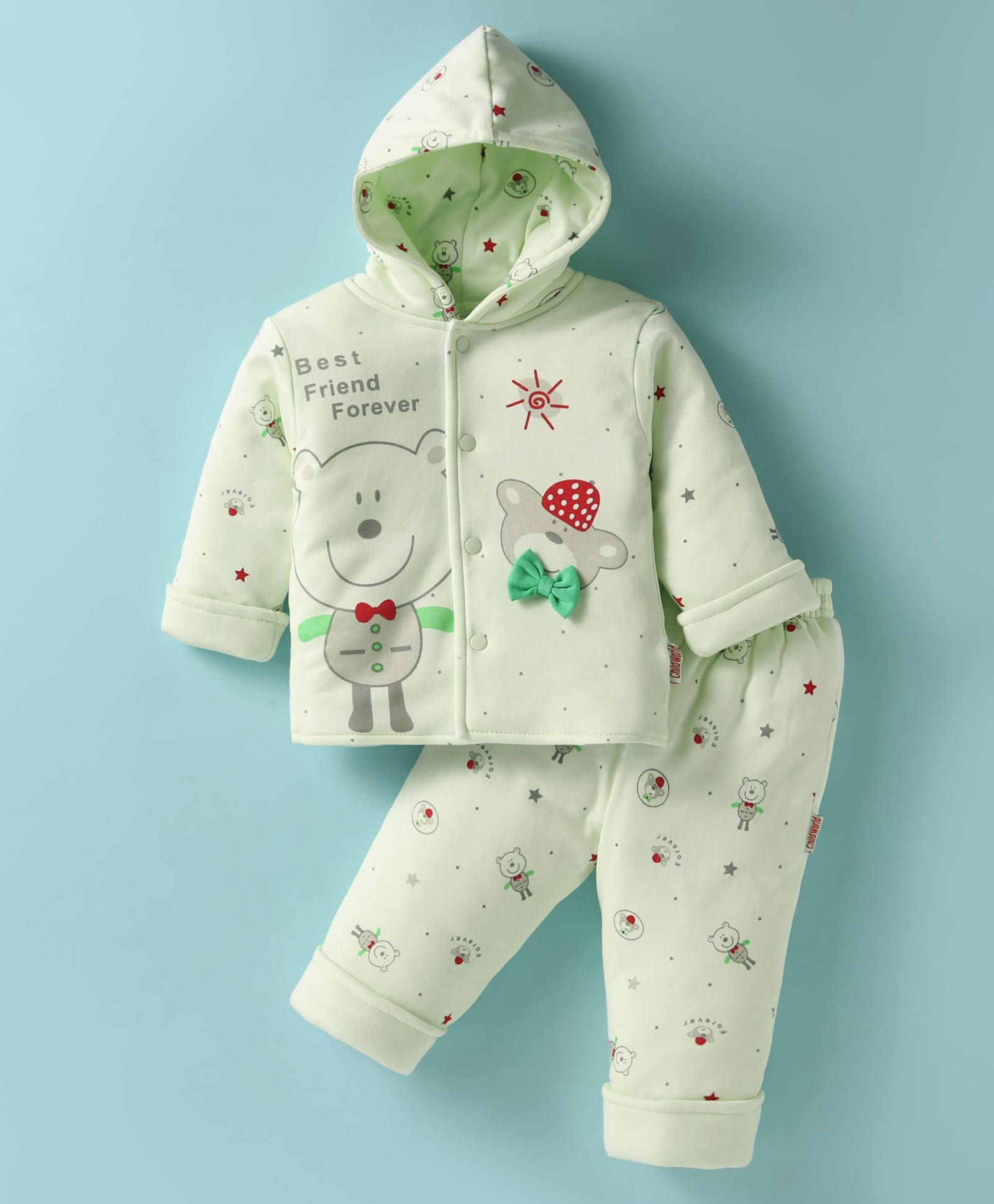 Child World Quilted Cotton Full Sleeves Hooded Winter Wear Suit With Teddy Bears Print - Green-image-21