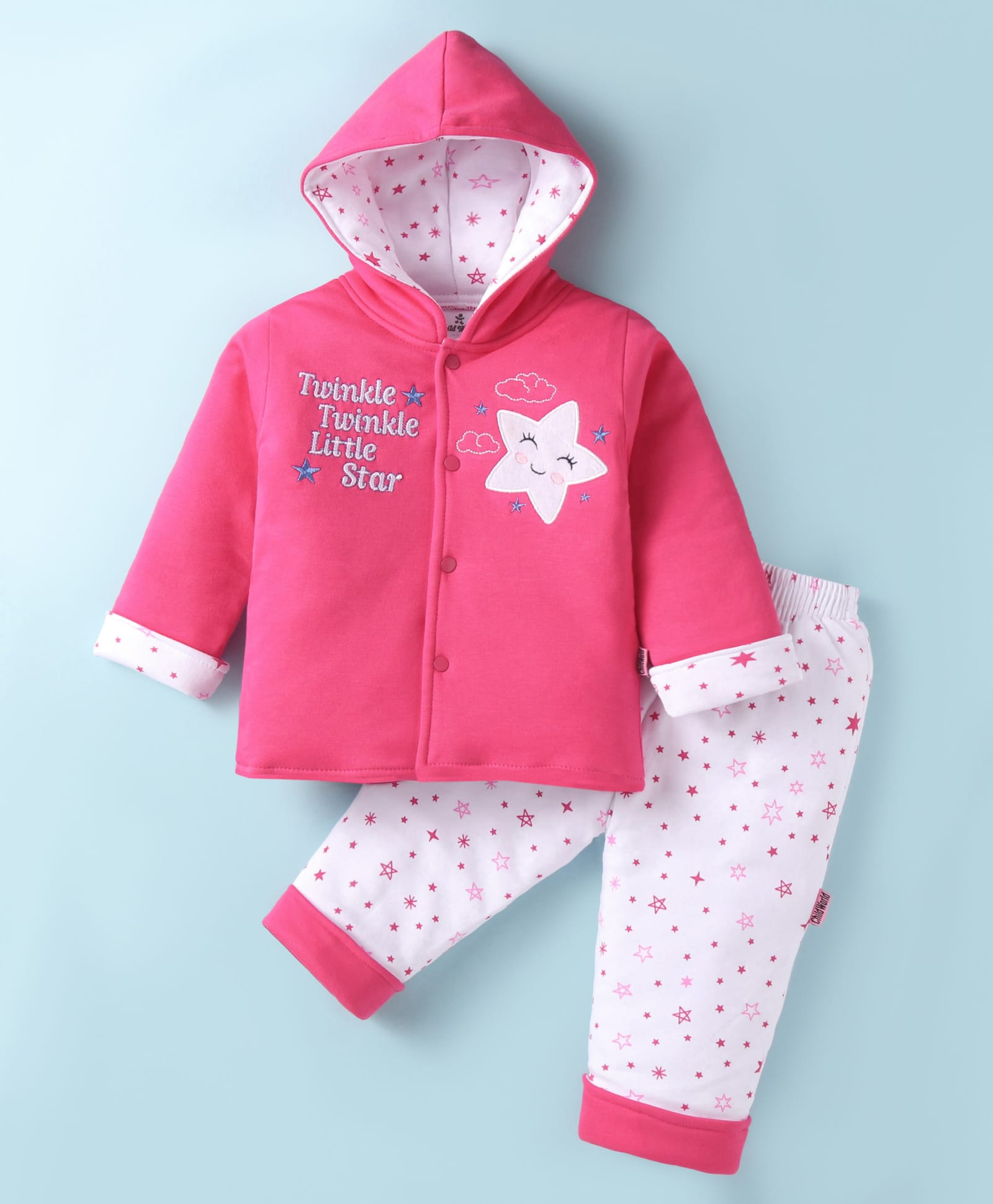Child World Quilted Knit Winter WearFull Sleeves Hooded T-Shirt & Lounge Pant Set with Star Print - Dark Pink-image-32