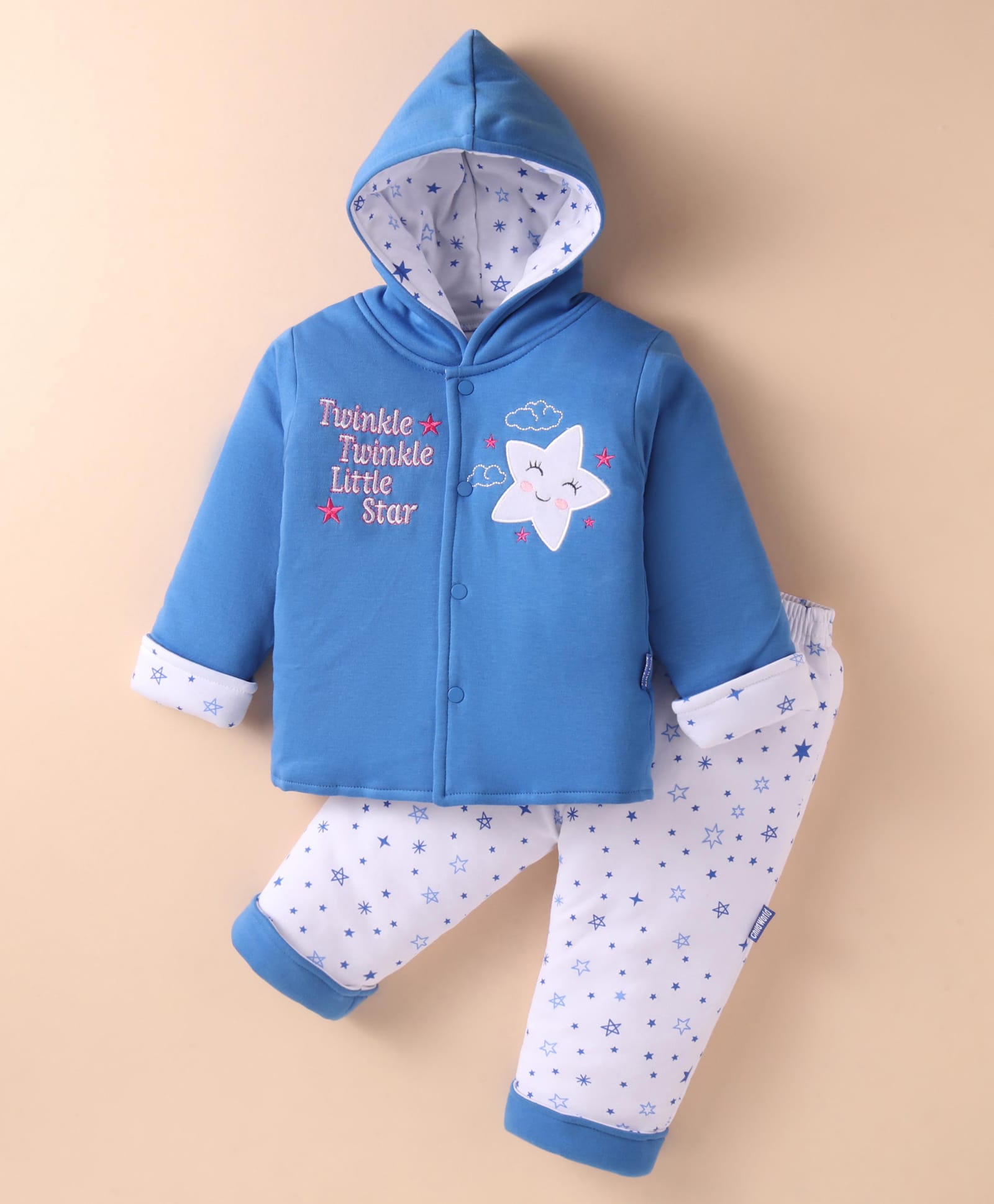 Child World Quilted Knit Winter WearFull Sleeves Hooded T-Shirt & Lounge Pant Set with Star Print - Blue-image-33