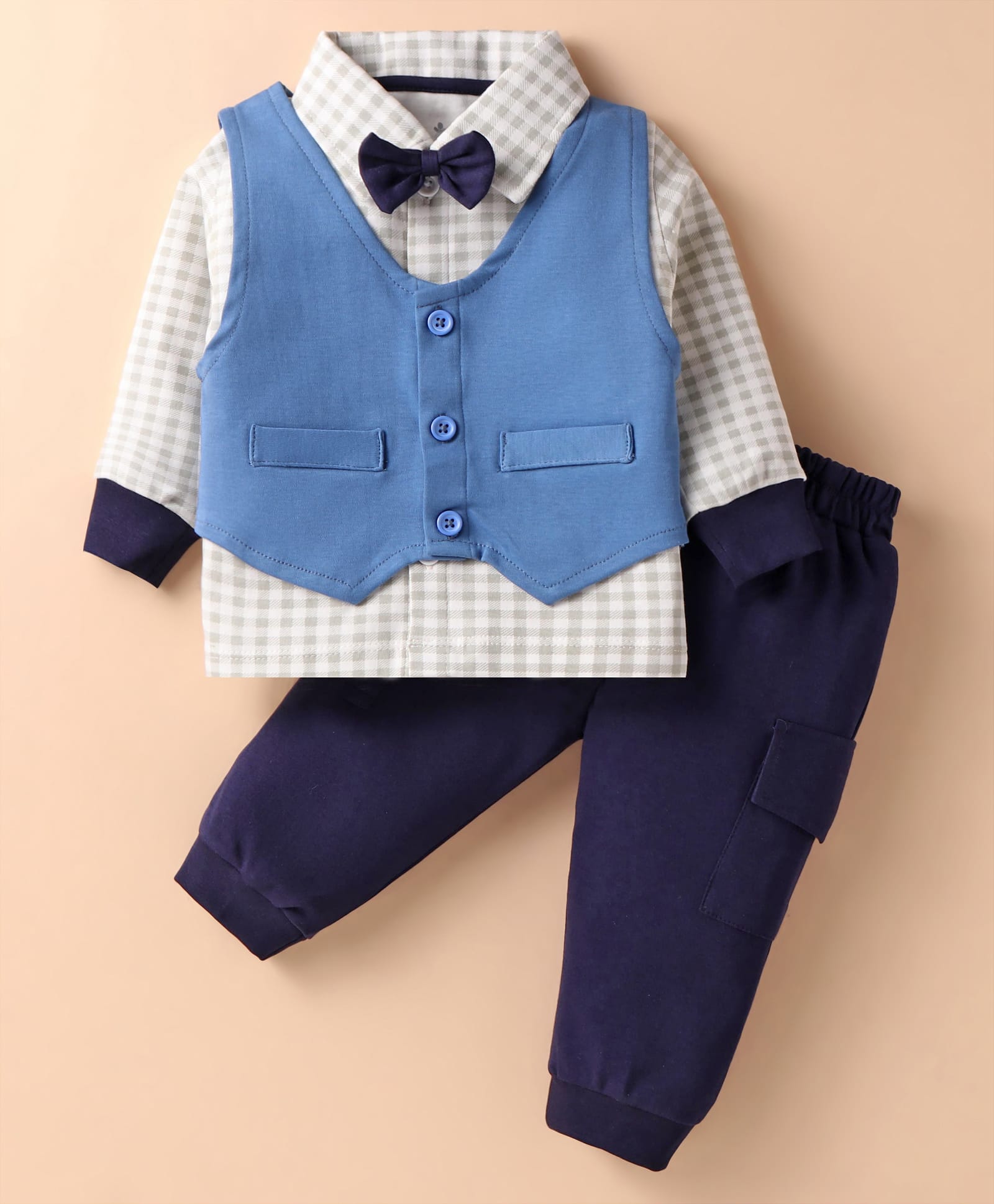 Child World Cotton Knit Full Sleeves Checkered 3 Piece Party Suit with Bow - Blue-picture-16