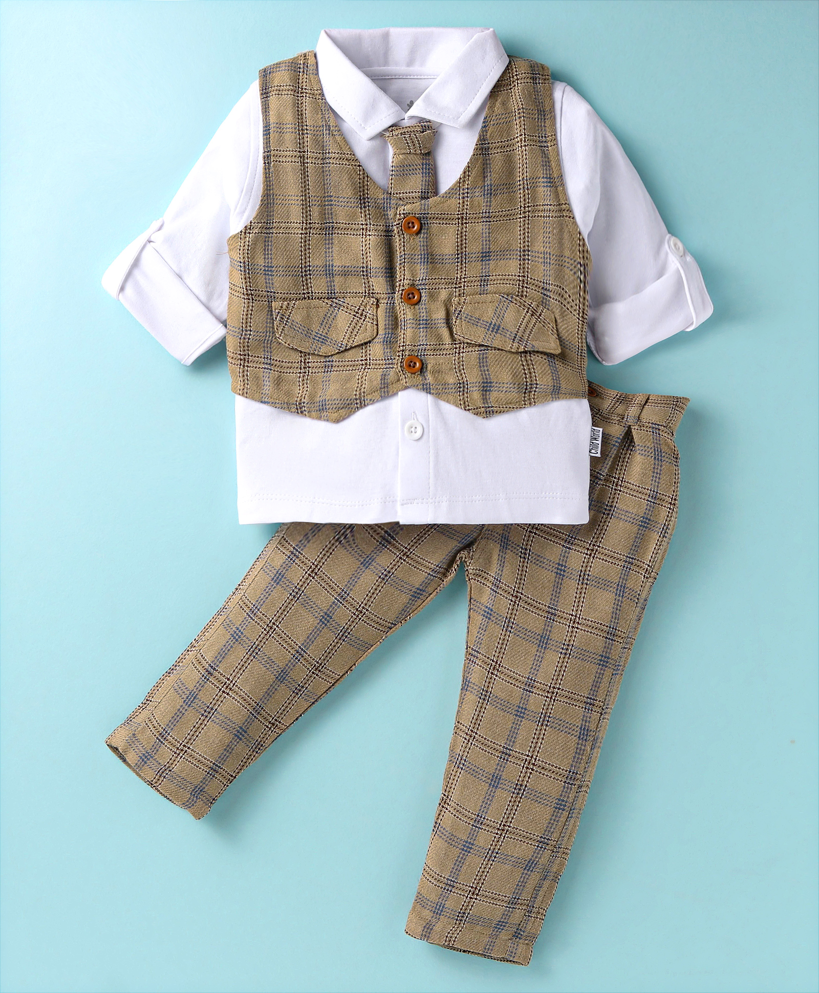 Child World Cotton Knit Full Sleeves Checkered 3 Piece Party Suit with Bow - Olive Green-picture-12