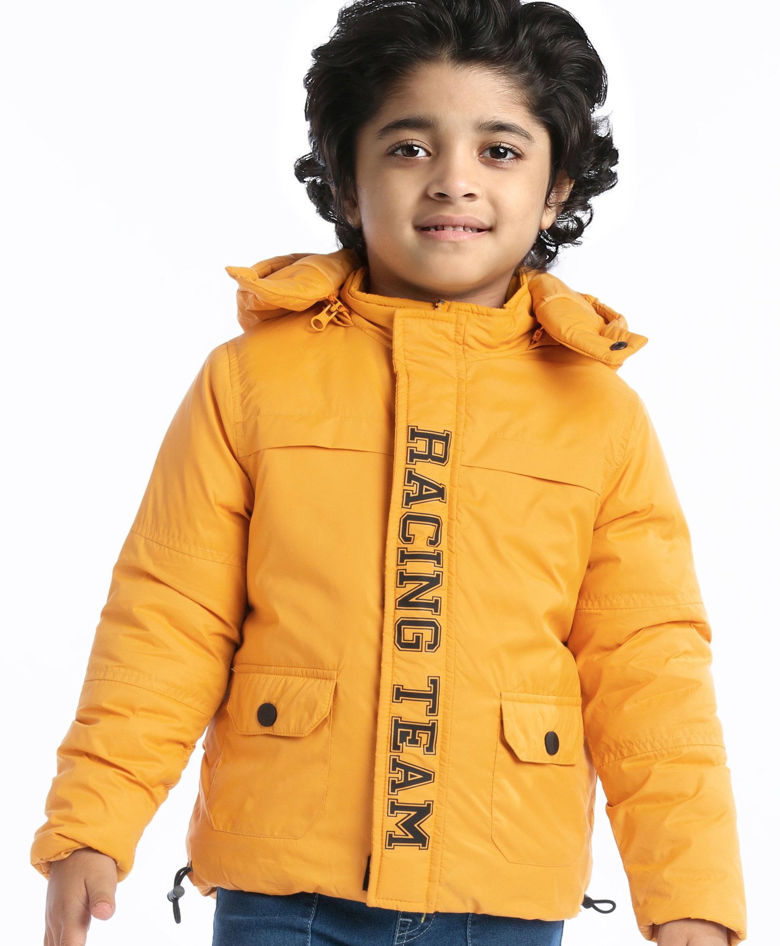 Babyhug Full Sleeves Solid Colour & Text Print Padded Jacket with Detachable Hood - Mustard-image-46