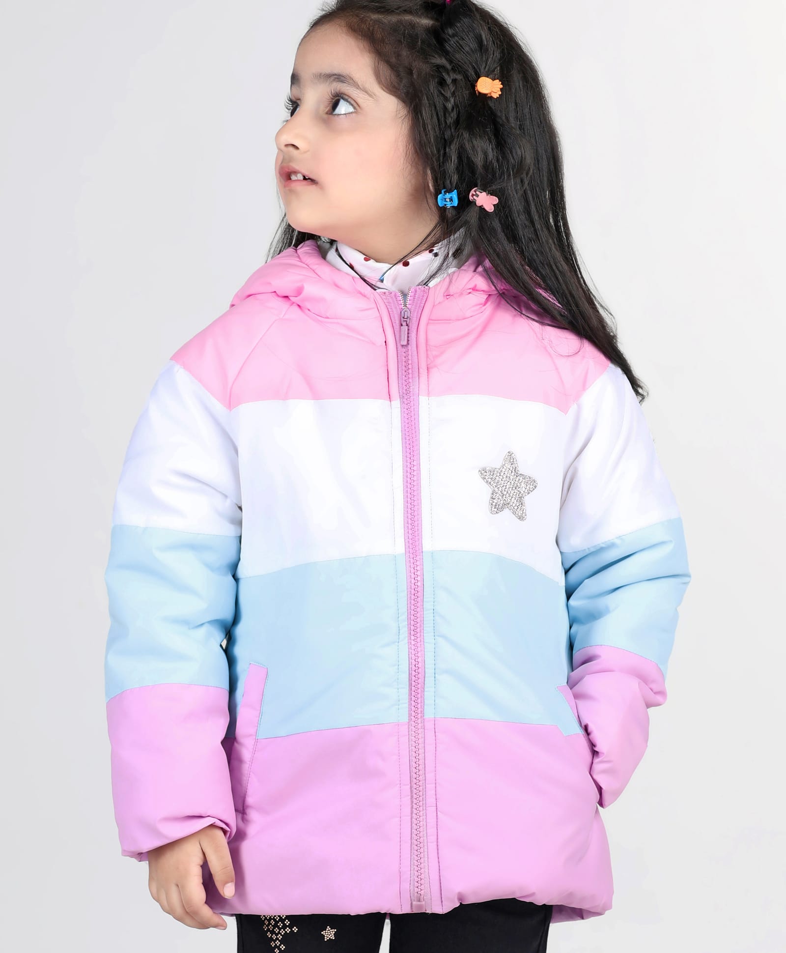 Babyhug Full Sleeves Padded Winter Jacket with Hood & Star  Embroidery - White Pink & Blue-image-19