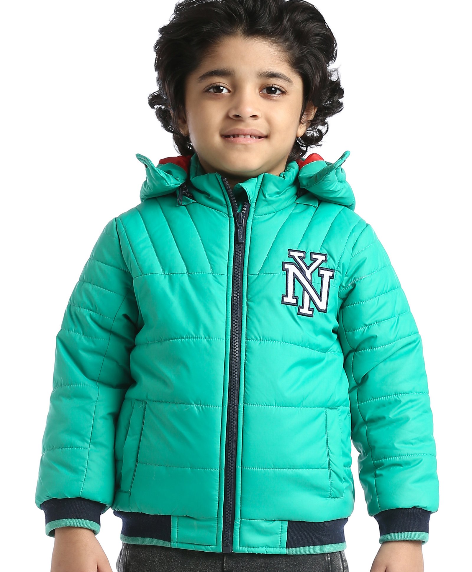 Babyhug Full Sleeves Solid Colour & Text Embroidered Padded Jacket with Detachable Hood - Green-image-45